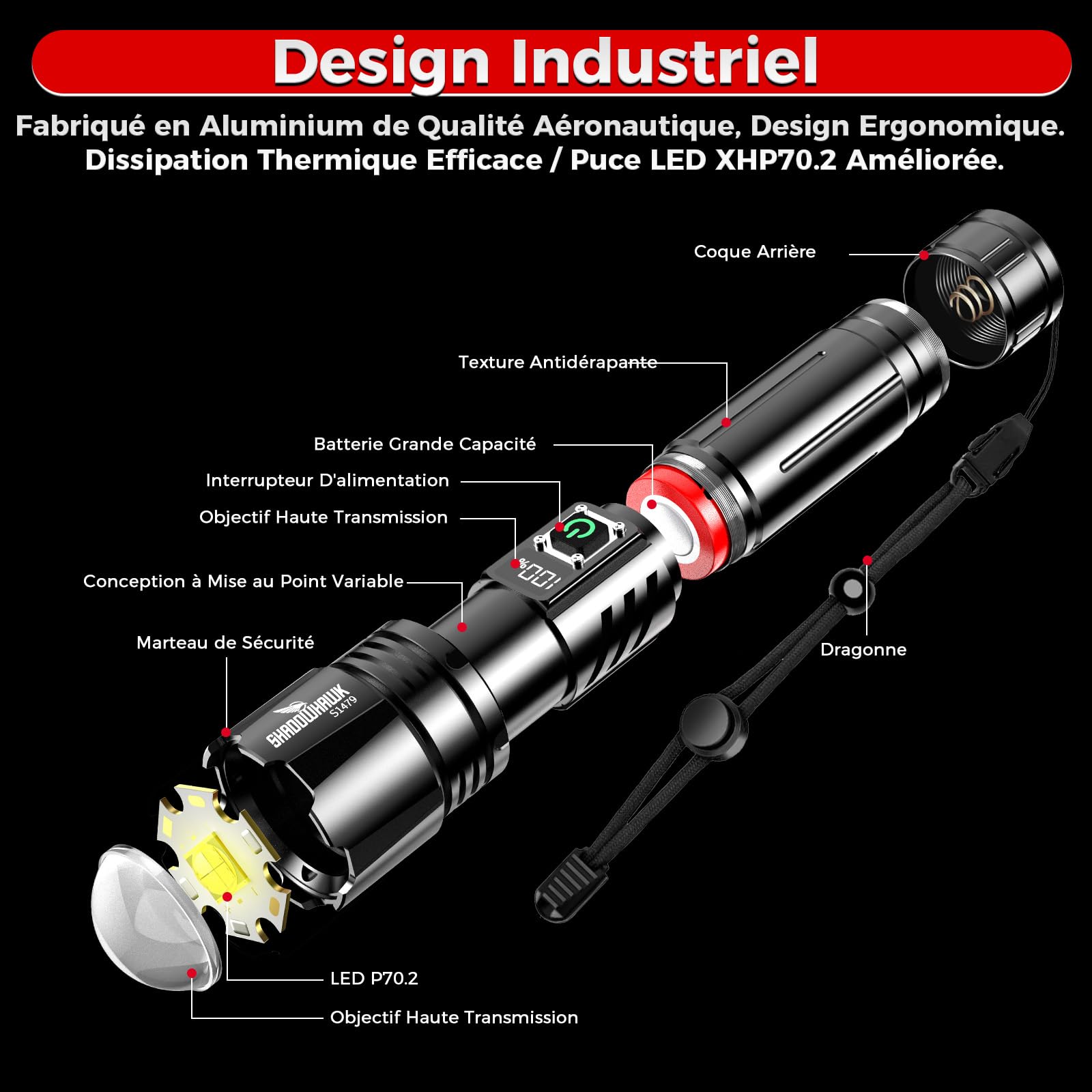 Shadowhawk Lampe Torche Led Ultra Puissante 24H Éclairag | Militaire 1000000 Lumens Rechargeable Lampe de Poche (2X 5000mAh), Flashlight Longue Portée pour Camping/Randonnée, avec LCD Display