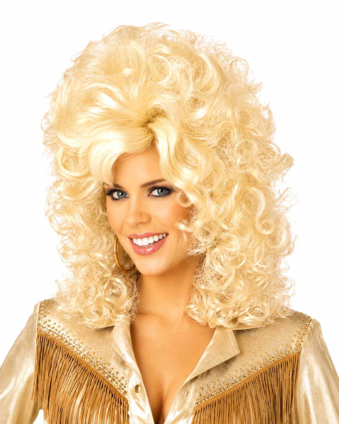 Country Diva Wig for Women, Blonde Curly Western Costume Wig with Bangs, Big 80s Volume Synthetic Wig for Dolly-Inspired Looks, Country Concerts, Halloween, Western Parties & Stage Performances