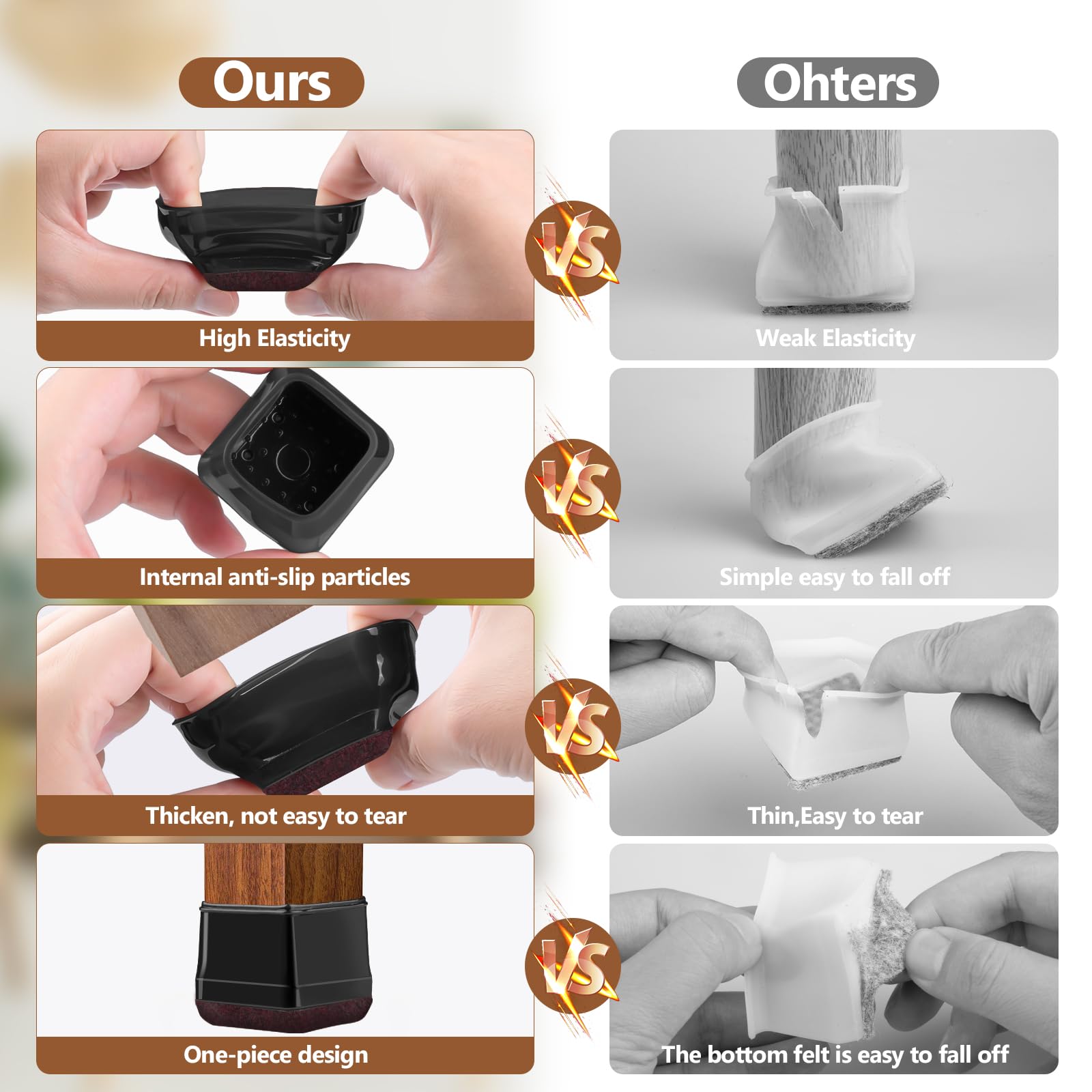 Protezioni per gambe della sedia quadrate, tappi in silicone per gambe delle sedie con feltro, protezioni per pavimenti in legno, per proteggere i pavimenti dai graffi