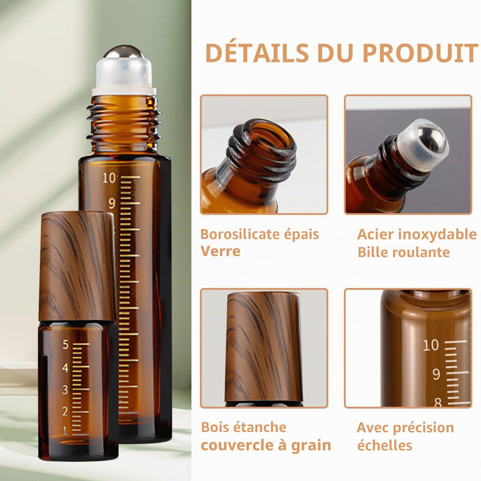 THINTON Lot de 10 bouteilles Roll on en verre vides millilitre pour huile essentielle, rechargeables, 5 ou 10 ml
