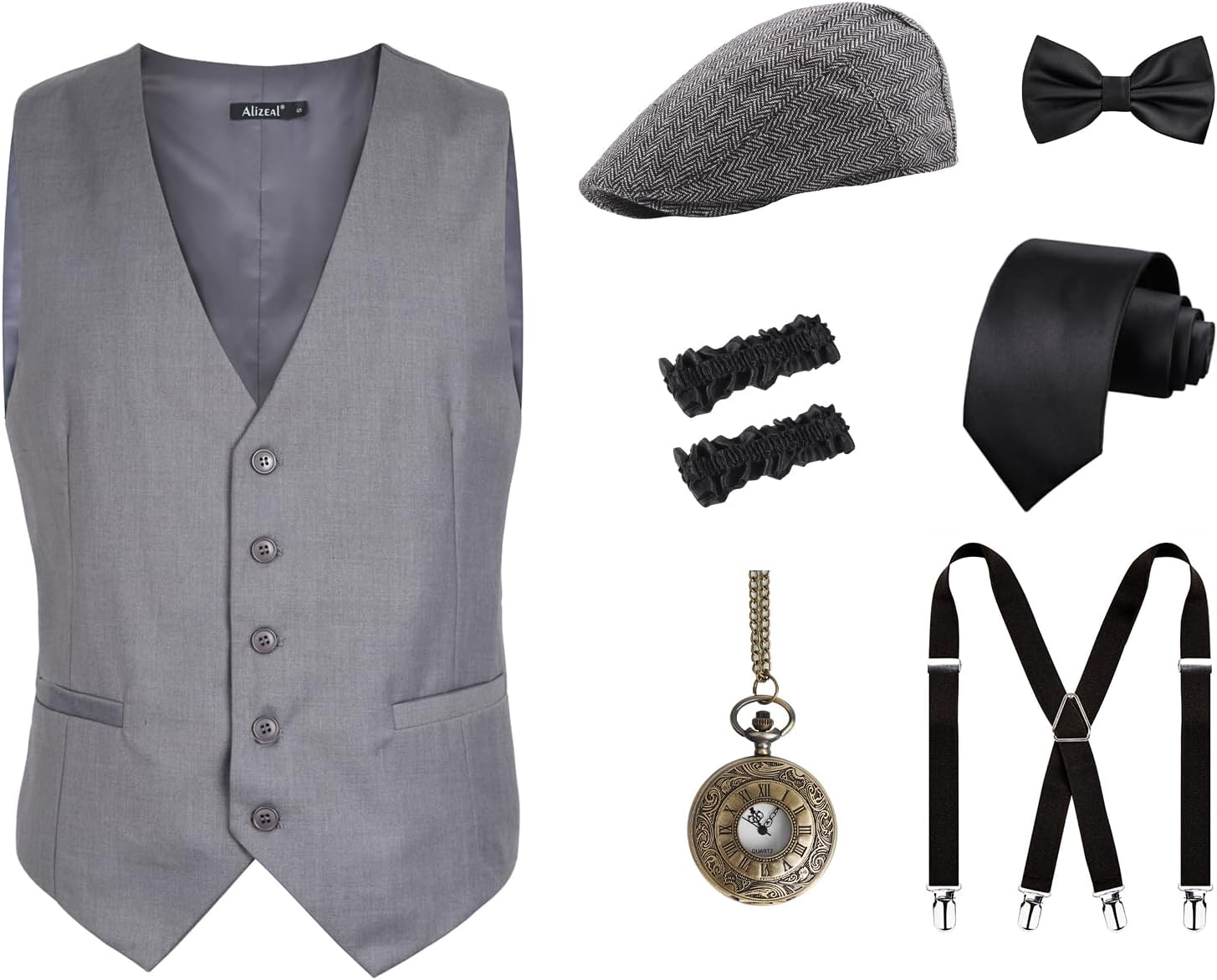 Alizeal 7Pcs 1920s Mens Costume Vest Tie Suspenders Hat Pocket Watch Armbands for Great Gatsby Peaky Blinders Costume for Men