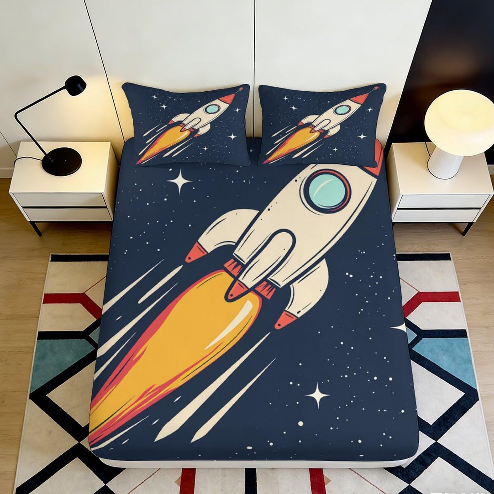 3D Printed Rocket Ship Fitted Sheet Microfiber Durable Soft 3D Printed Space Pattern Mattress Cover for Bedroom Dormitory Guest Room Protection 140x200x25cm