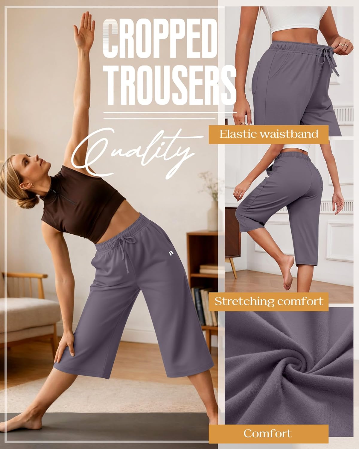 Neer 3 Pack Women's Capri Pants, Wide Leg Basic Sweatpants Lounge Loose Fit Casual Drawstring Yoga Capris with Pockets - Image 4