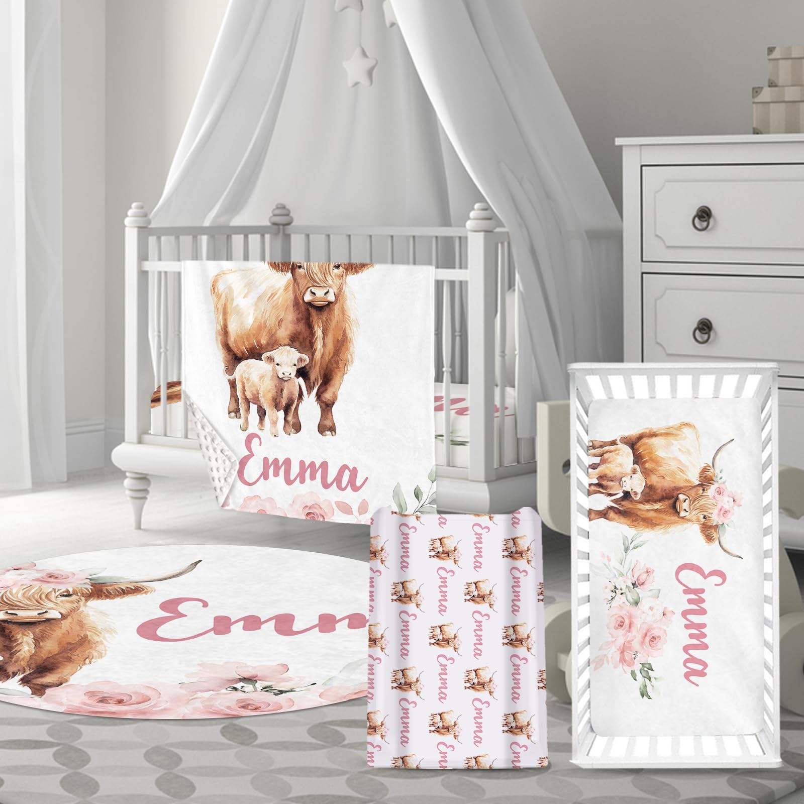 HSHRYY Personalized Name Crib Bedding Set for Infant Baby, Custom Nursery Decor Baby Blanket Fitted Crib Sheet Changing Pad Cover Room Rug 4 Pcs, Highland Cow Design
