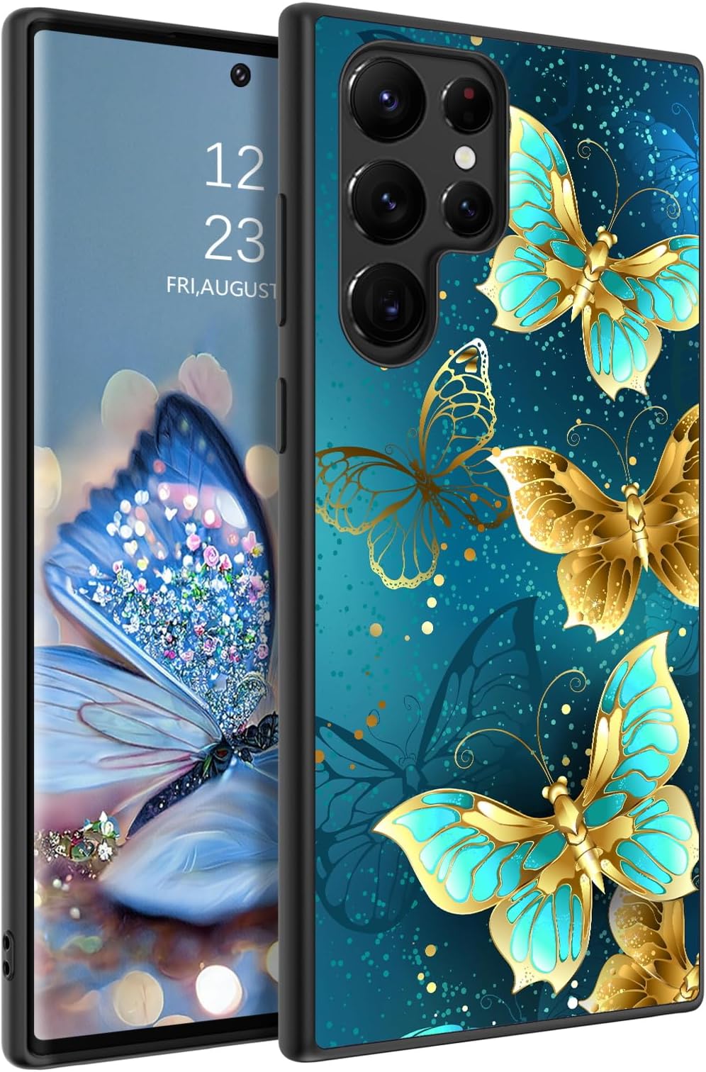 DOMAVER Case for Samsung S22 Ultra 6.8 inch Slim Fit Glow in The Dark Hybrid Hard PC Folding Shockproof Drop Protective Girls Women Men Phone Cover for Samsung S22 Ultra, Blue Butterfly