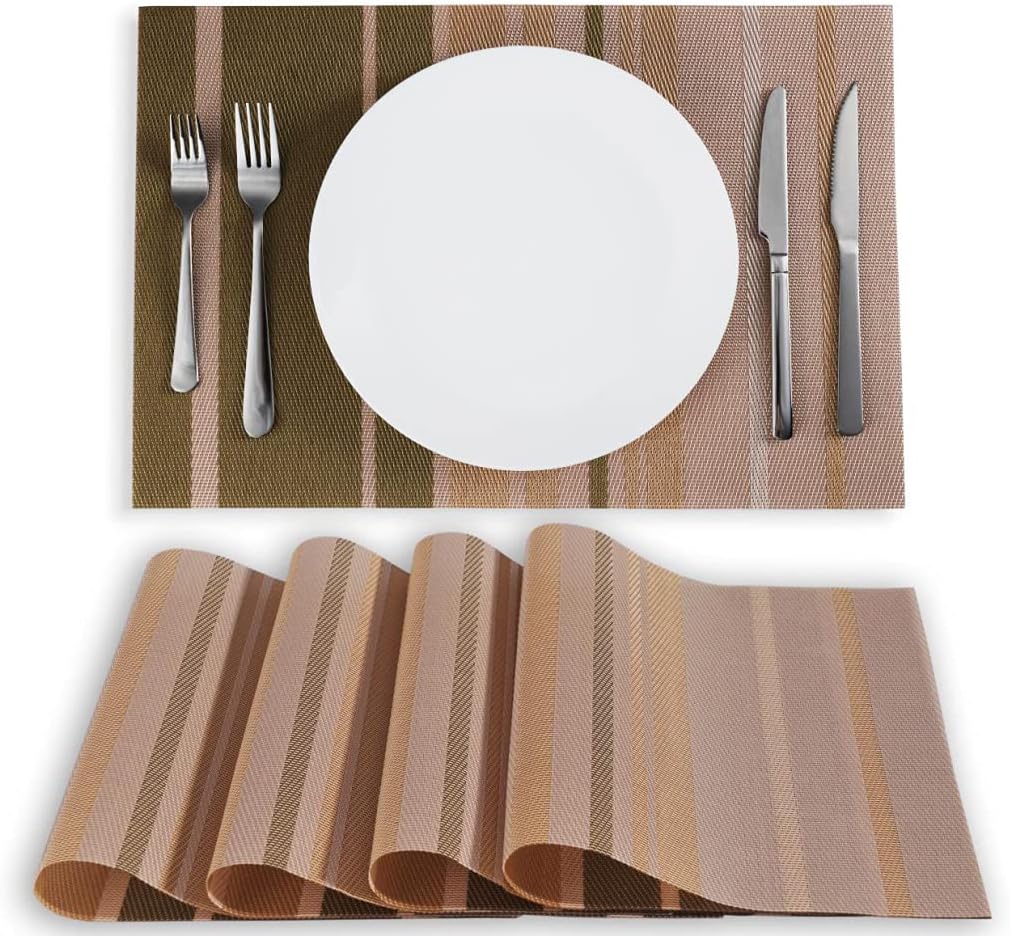 Dailinece Placemats for Table Place Mat Dining Kitchen Washable Heat Resistant Woven Vinyl Non-Slip PVC Set of 4 (Gold)