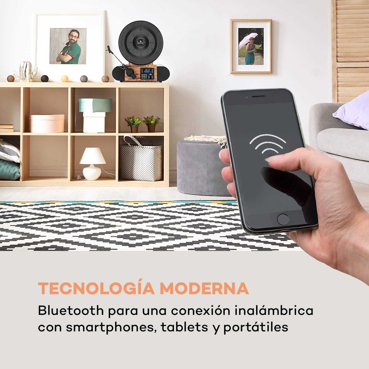 auna Verticalo SE - Reproductor de Vinilo, Tocadiscos con Altavoces estéreo, Tocadiscos de Vinilo con Bluetooth, Reproducción: 33, 45 y 78 RPM, USB, MP3, Entrada de línea, Sintonizador Dab+, Madera