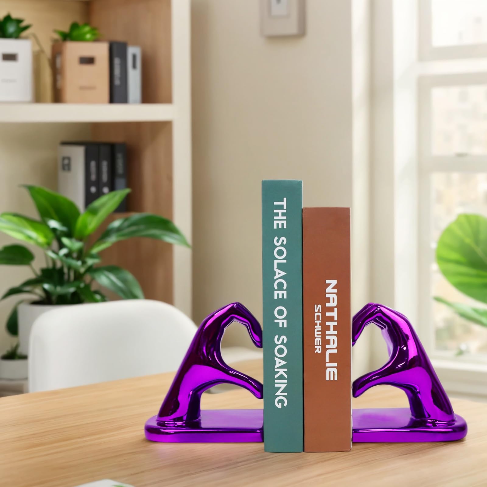 FLJZCZM Hand Heart Decorative Bookends Resin Bookend Holder for Shelves, Creative Hand Statue Book Holders for Office Desk Home Decor (Purple)