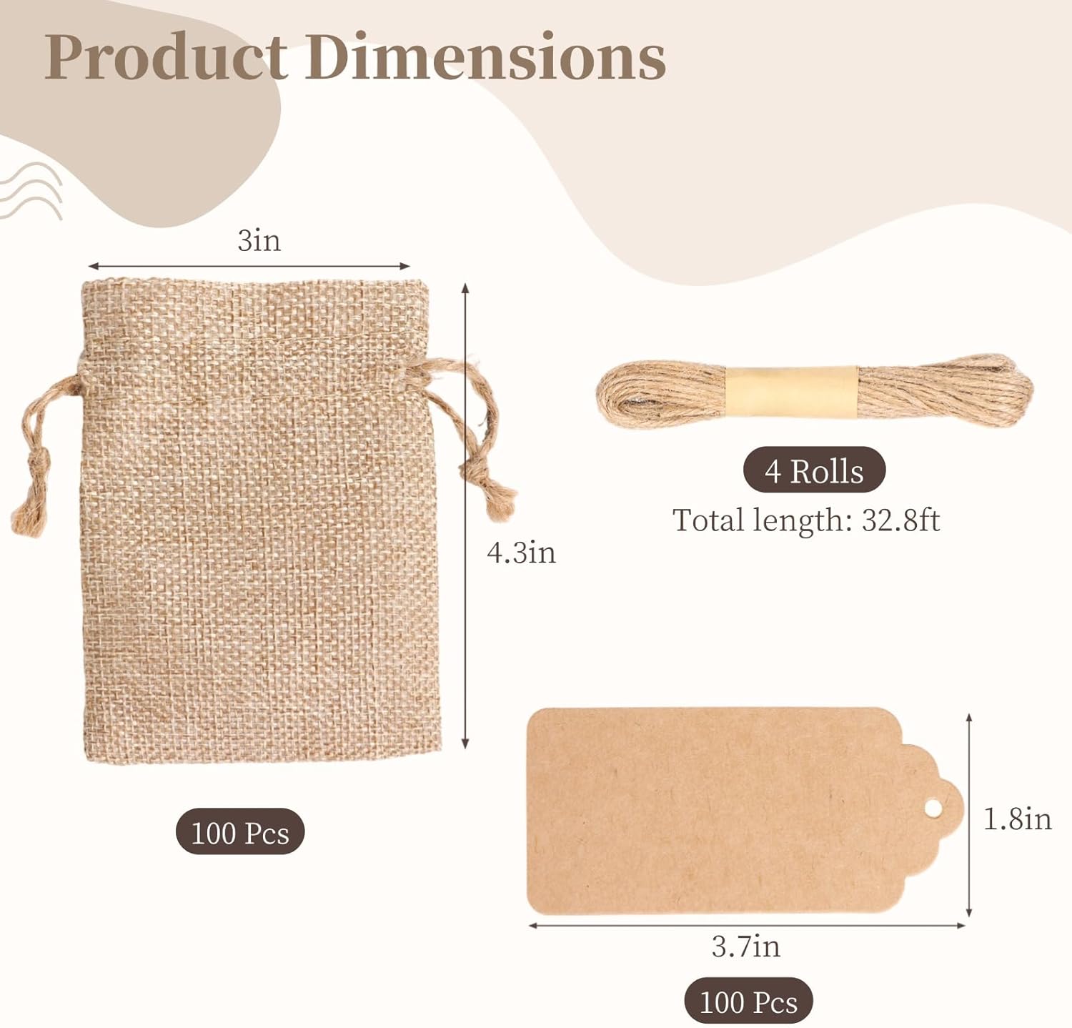 100 Pcs Burlap Gift Bags With Drawstring, 3 x4 inch Small Burlap Sacks with 100 Pcs Kraft Paper Gift Tags & Strings, Drawstring Favor Bags, Reusable Linen Jewelry Pouches for Wedding Party Gift Wrapping