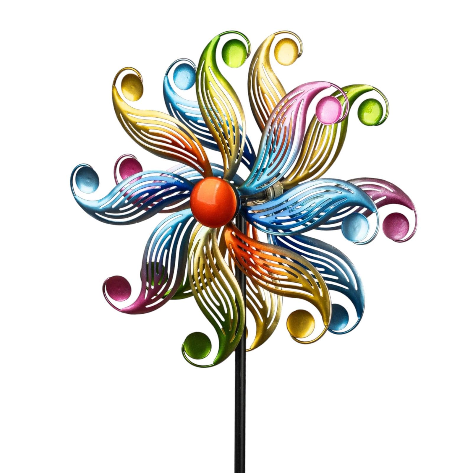 Kremers Schatzkiste Girandola a vento a forma di fiore, in metallo, con cuscinetti a sfera, Ø 30 cm/122 cm, con picchetto, 3 pezzi, decorazione da giardino resistente alle intemperie, per aiuole