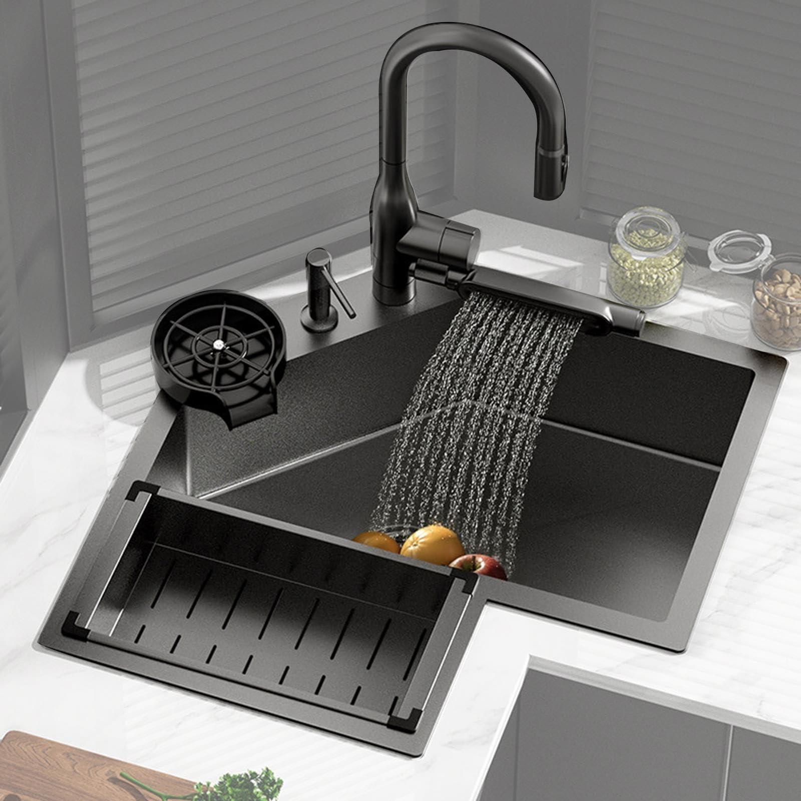 Lavello Cucina Angolare a L, In Acciaio Inox 304 con Cascata Laterale