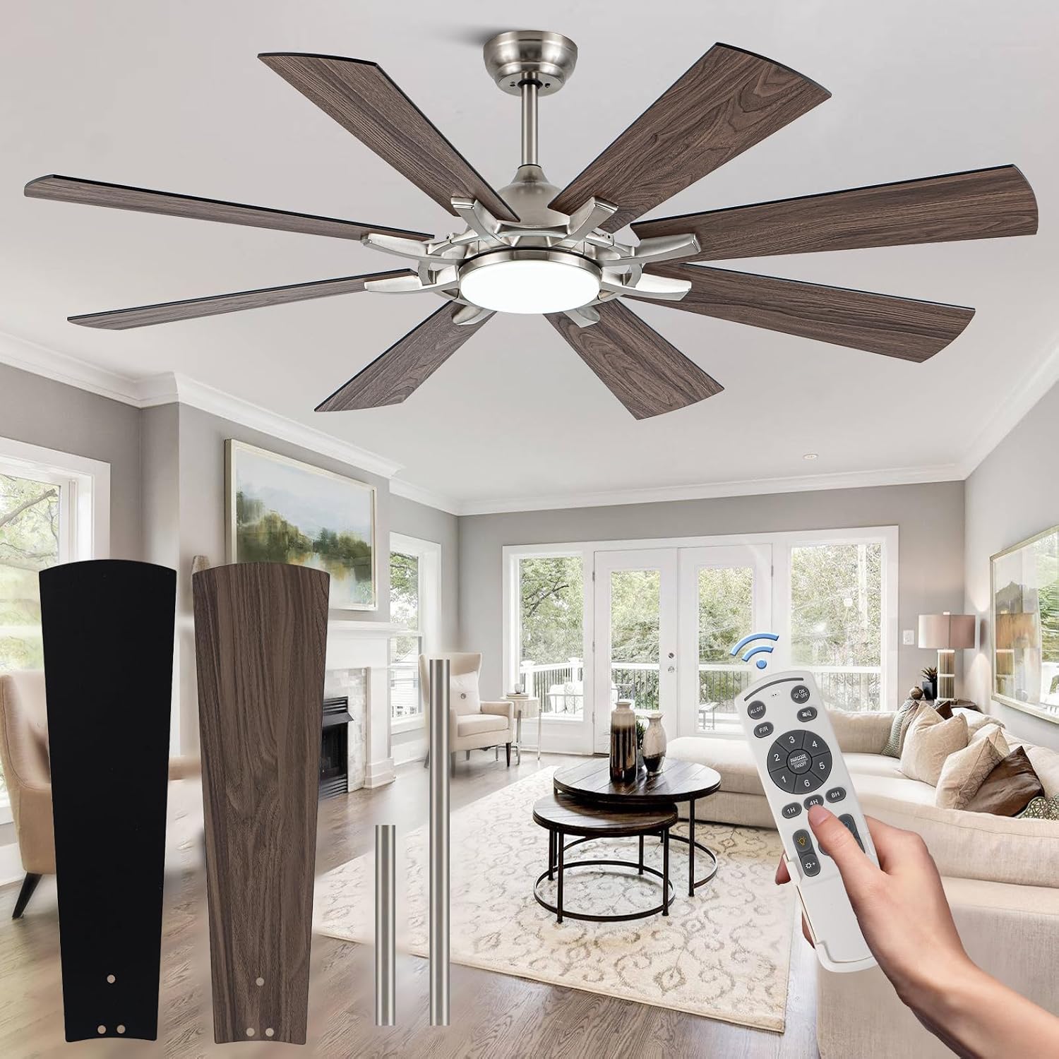 60 Inch Ceiling Fans with Lights, Modern Ceiling Fan with Remote Control for Living Room Kitchen, 3 CCT, 6 Speed Reversible DC Motor (‎Brushed Nickel and Gray)