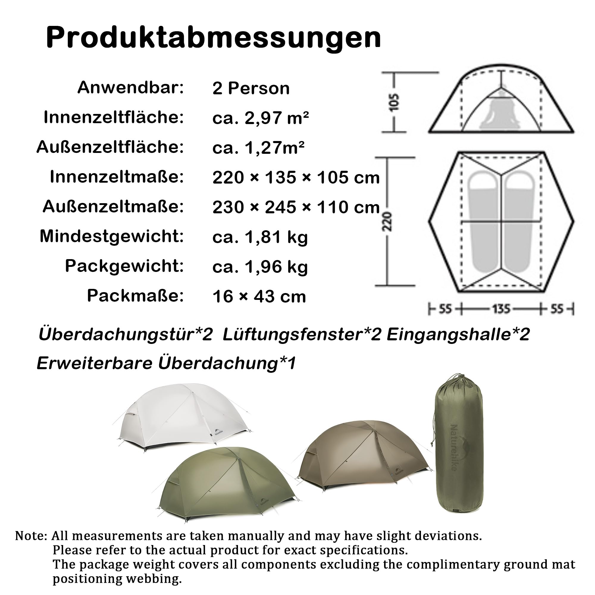 Naturehike Mongar PRO ultralekki namiot, 1,56-2,36 kg, wodoszczelny, wiatroszczelny, namiot kempingowy, 3-sezonowy, namiot dla 1/2/3 osób, z rozszerzeniem i moskitierą, na wędrówki, kemping, do