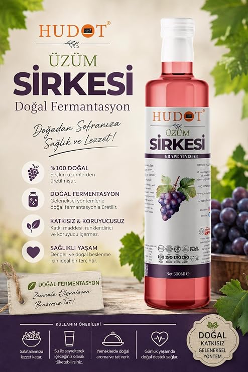 HUDOT Üzüm Sirkesi 500 ML – Doğal Fermantasyon, Katkısız & Koruyucusuz Premium Üzüm Sirkesi