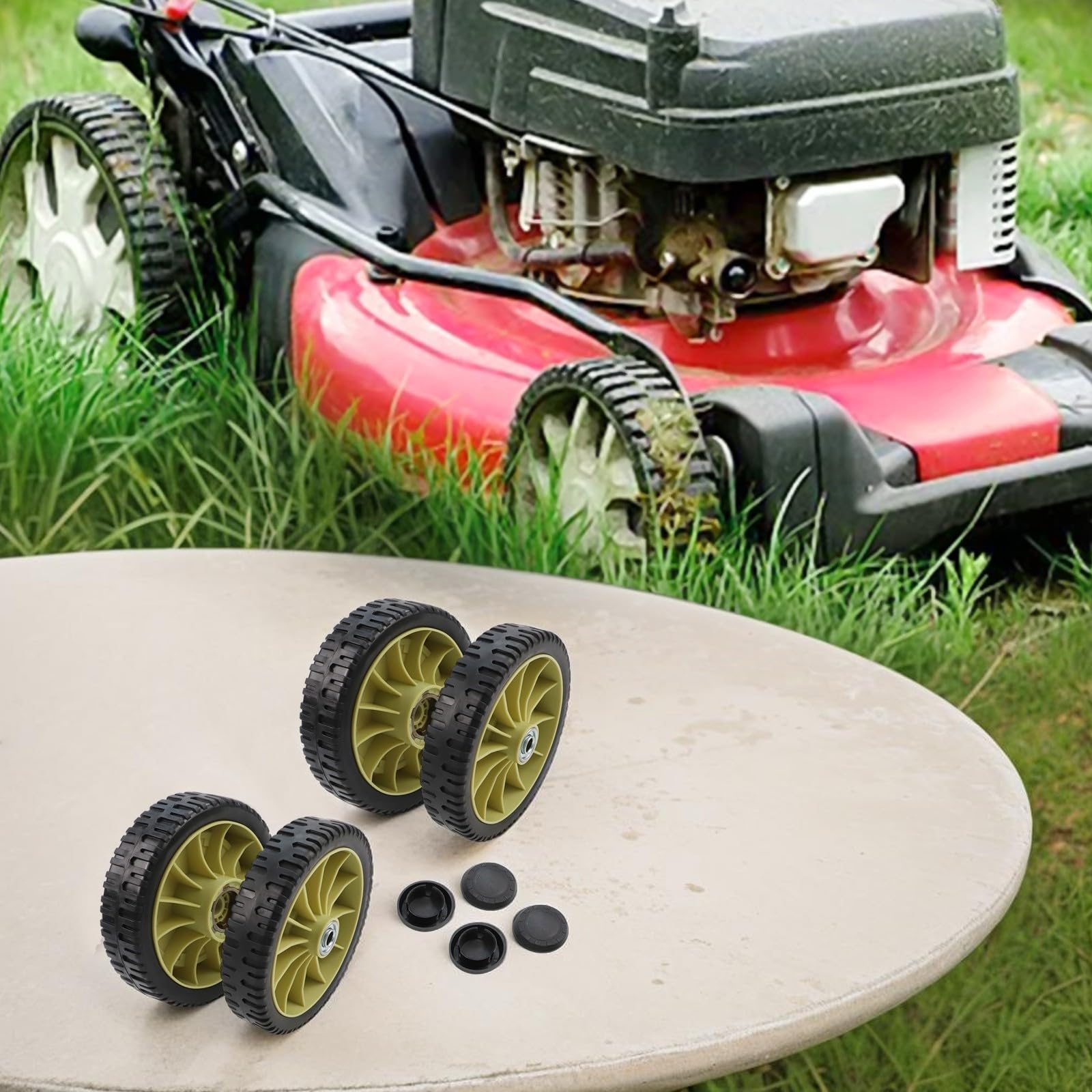 Paquete de 4 ruedas para cortacésped Honda HR214, HRU214, HRU215, kit de repuesto delantero y trasero de 200 mm con cubiertas, construcción robusta de metal y plástico