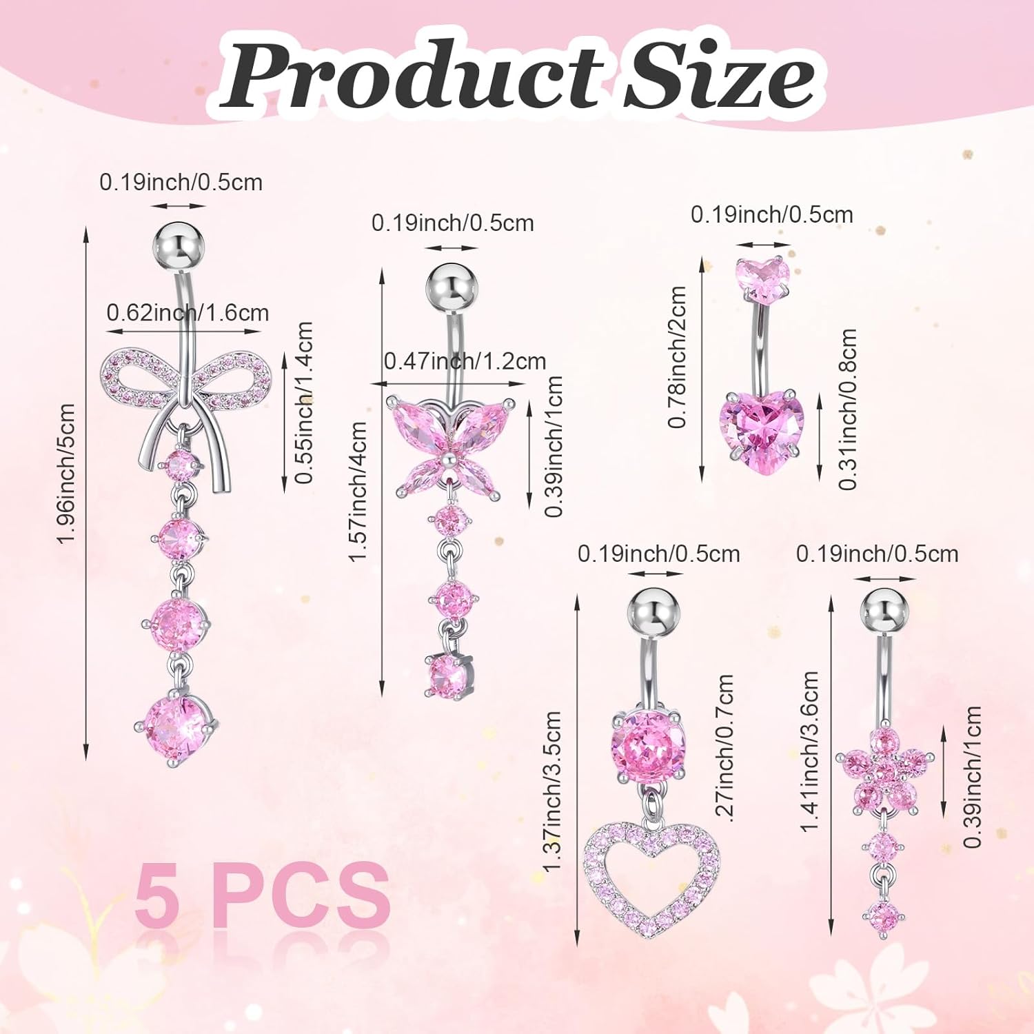 Belly Button Ring Dangle Stainless Steel 14G Belly Rings bellies Button Piercing Cute Pink CZ Heart Butterfly Bow Flower Dangling bellies Rings Silver Navel Ring Piercing Jewelry - Image 2