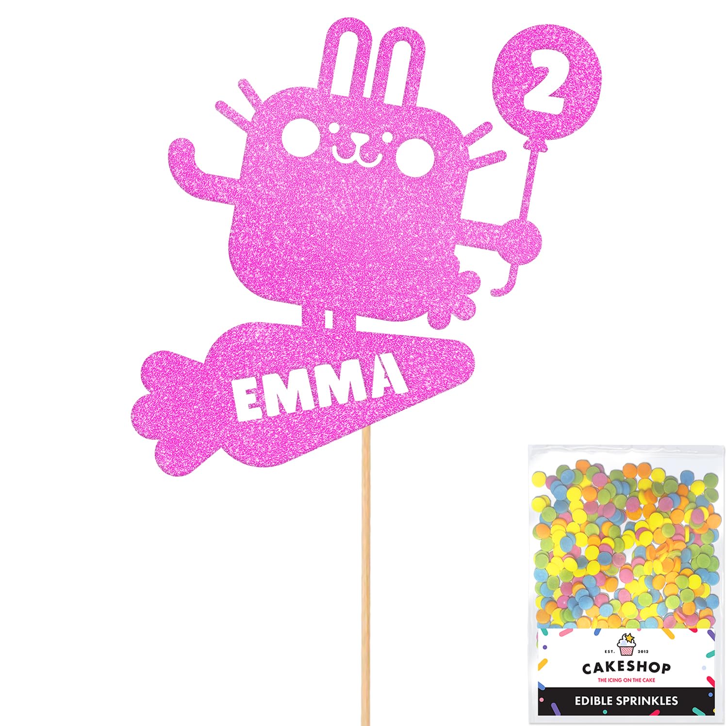 Personalised Pet Bunny Rabbit Glitter Cake Topper Lt Pink Any Custom Age & Name Glitter Cake Decoration and Sprinkles - Happy Birthday Decorations - Personalised Toppers for Cakes by Cakeshop