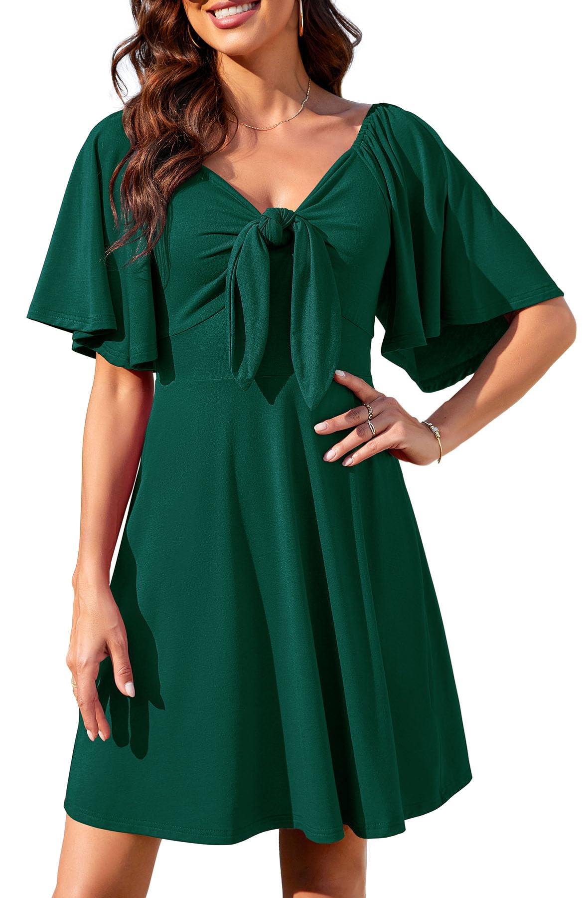 Actcat Damenkleider 2024 Frühling Sommer Tiefer V-Ausschnitt Elegantes Minikleid mit Fliege