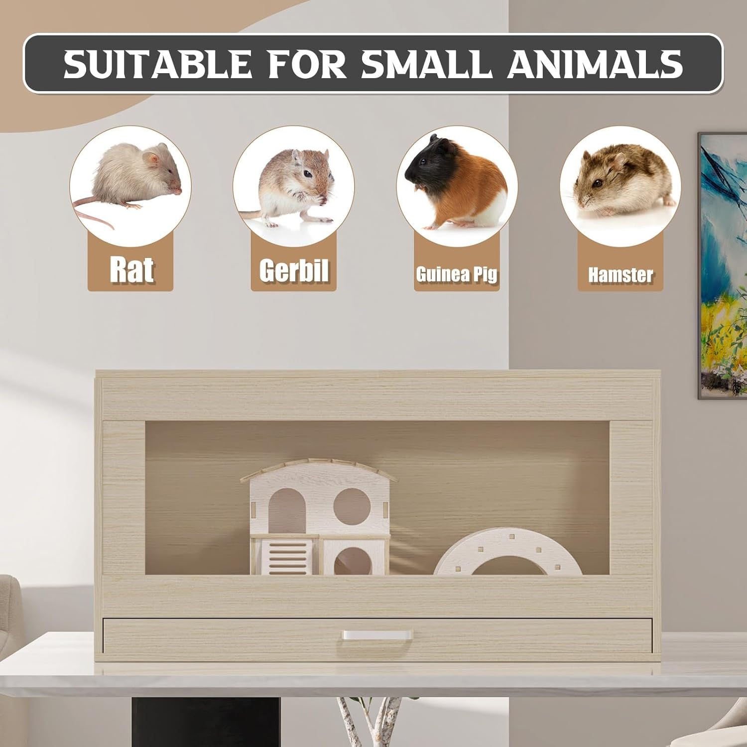 Wooden Hamster Cage Guinea Pig Cages with Independent Storage Cabinet Easy View Acrylic Panels with Guinea Pig Hutch and Bridge Small Animal Cage Ferret Cage Small Animal Habitat Pet House