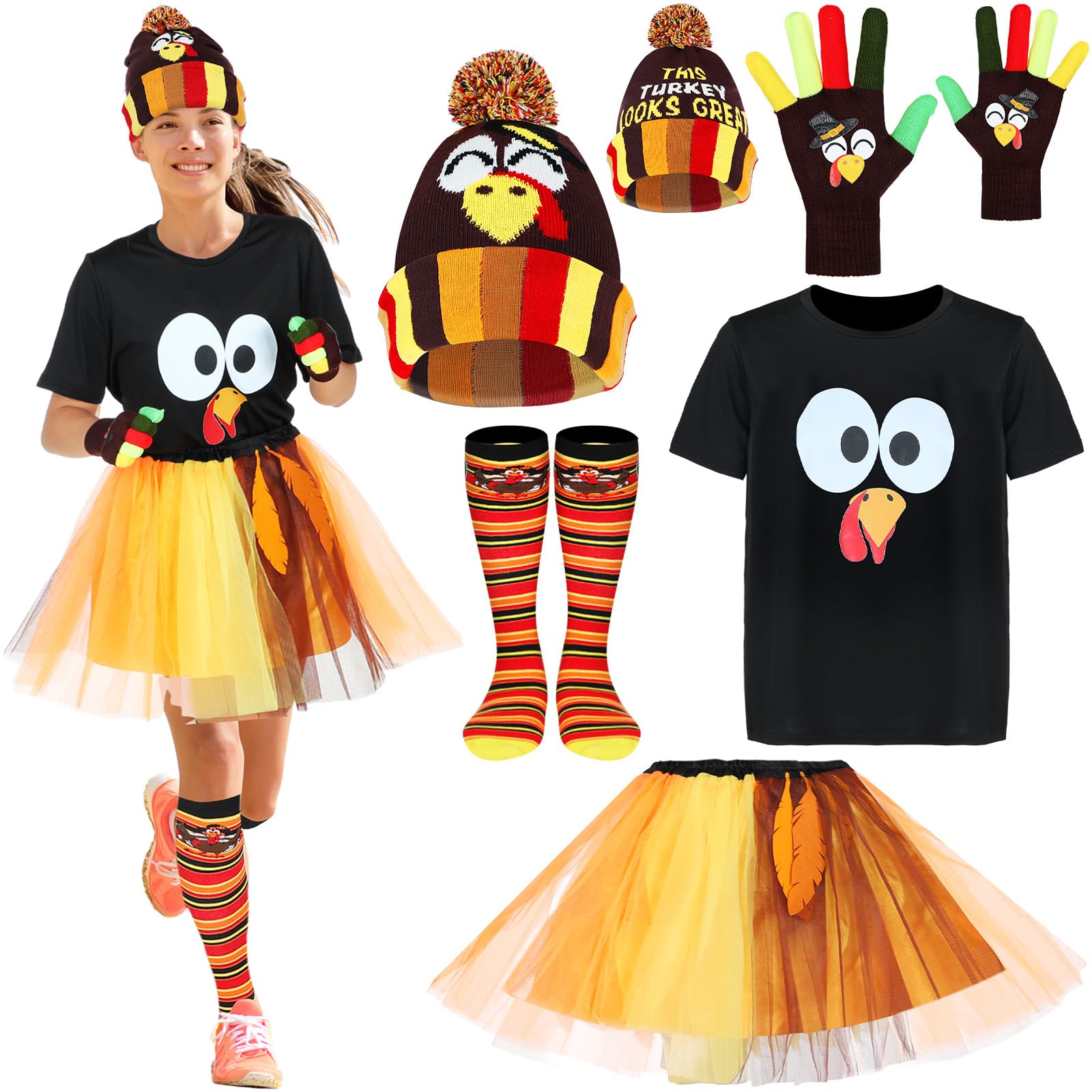 Liitrsh 5-teiliges Thanksgiving-Truthahn-Kostüm-Set, Erntedankfest, Tutus, Türkei, T-Shirt, Trot, Hut, Socken für den Urlaub