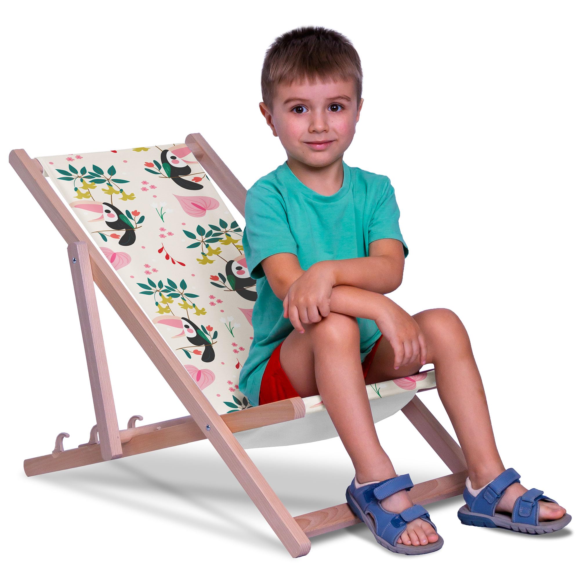 DreamRoots Chaise Longue Enfant en Bois de Hêtre, Chilienne Enfant Pliable, Transat Extérieur Jardin, Plage, Tissu Lavable Polyester 220 g/m², Charge Max 130 kg