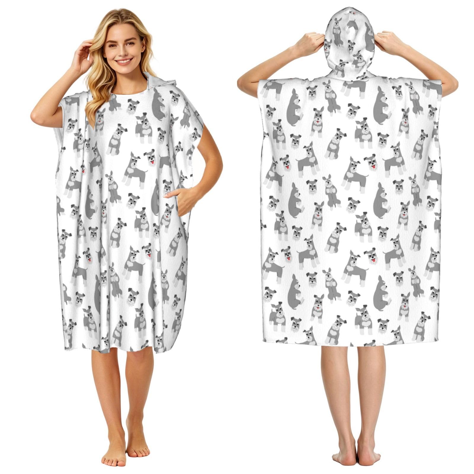 Poadnly Miniature Schnauzer Seamless Pattern, Adult Hooded Beach Towel 90 x 110 cm,Changing Bath Robe, Surf Poncho Towel For Women Men