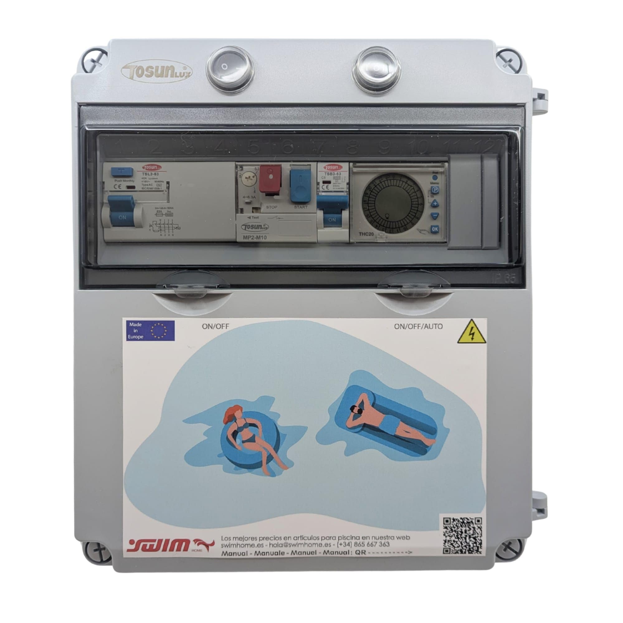 Tosun Cuadro Eléctrico Piscina Trifásico, 150W 12V IP65, Bomba 6-10A, Control RGB 4 Hilos, Gris, 30 x 25 cm
