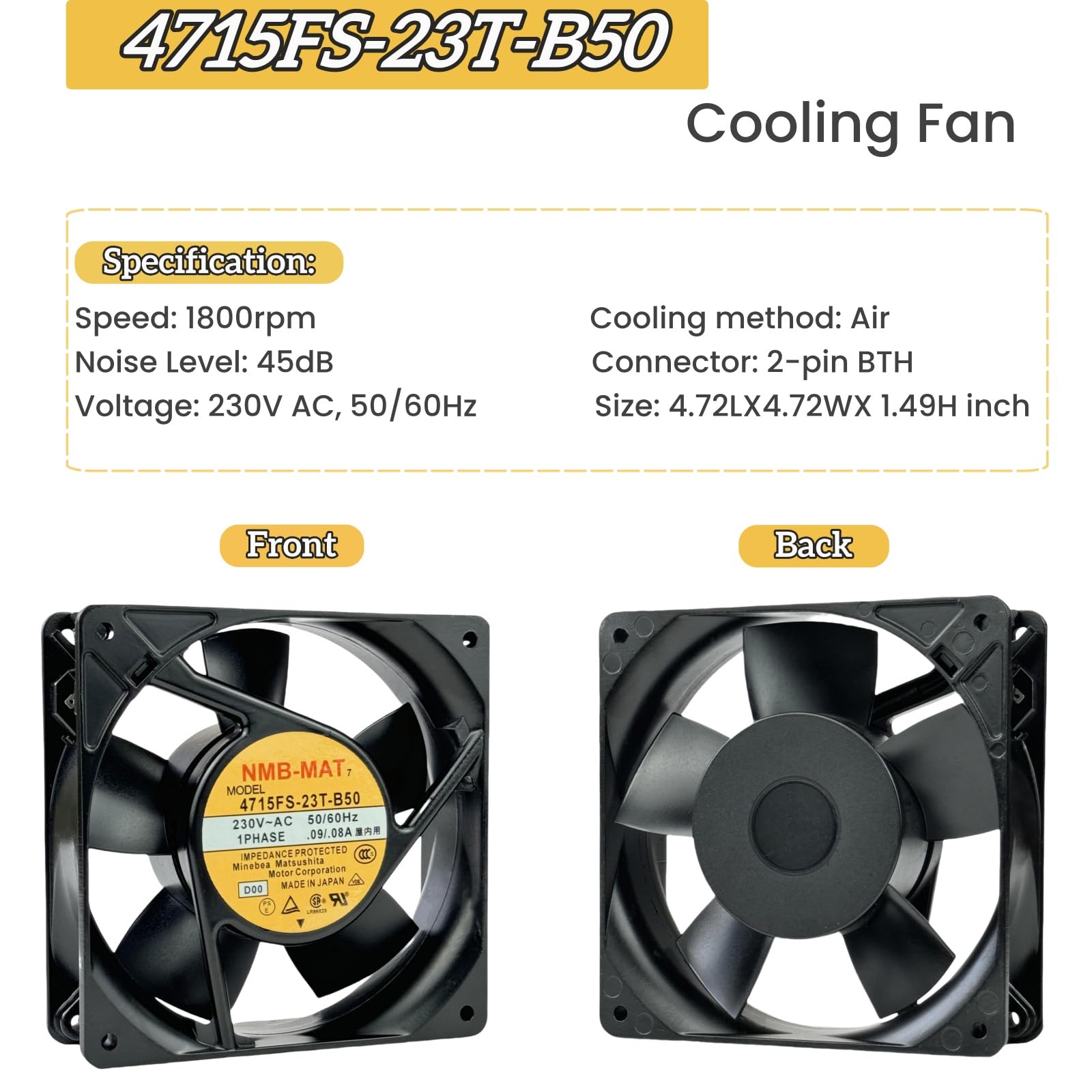 Para ventilador axial NMB 4715FS-23T-B50, ventilador de refrigeración de 230 V CA 0.09/0.08 A 50/60 Hz 12 cm, ventilador de refrigeración 120 x 120 x 38 mm