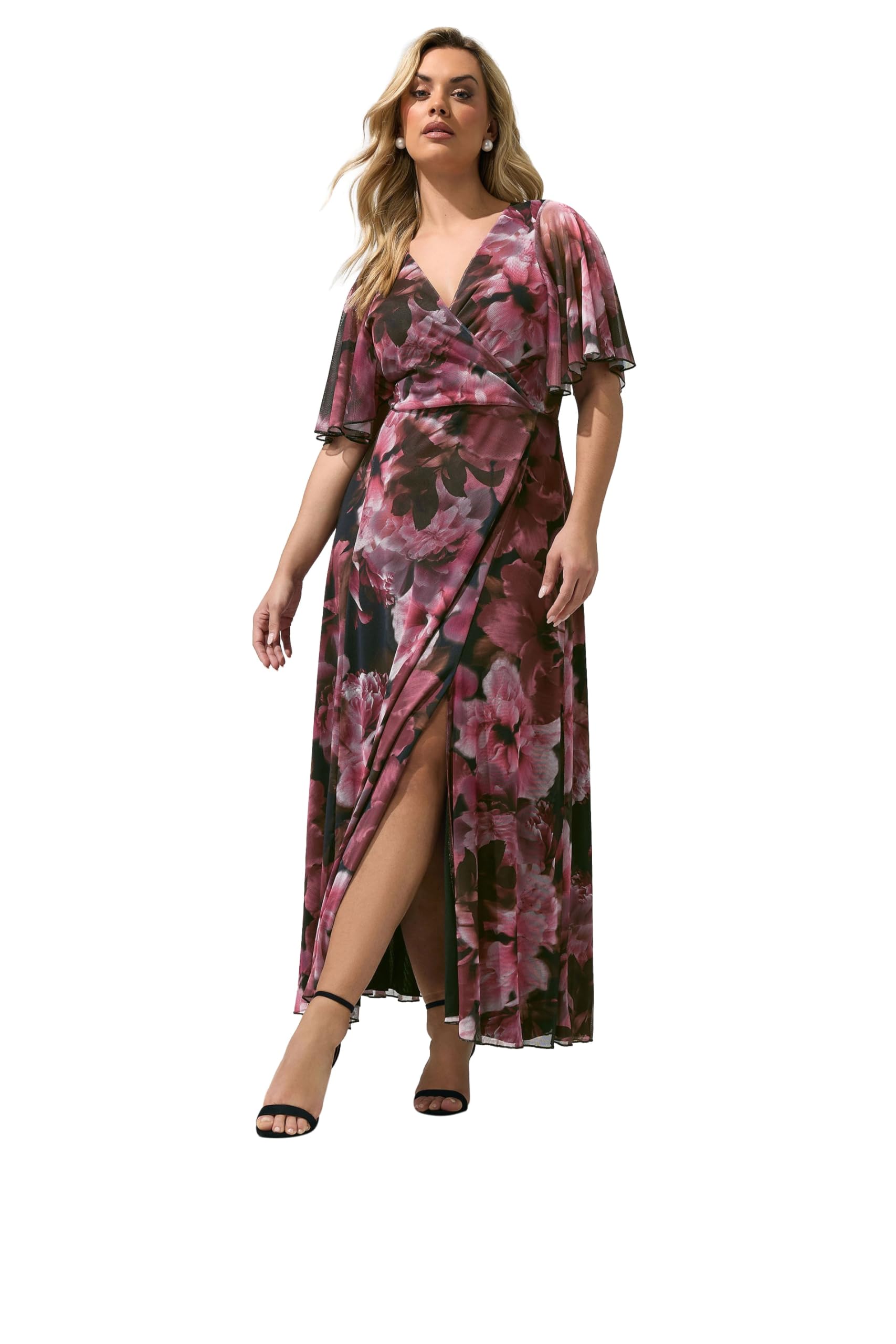 Yours Women's Floral Abstract Mesh Dress in Burgundy | Size: 26-28