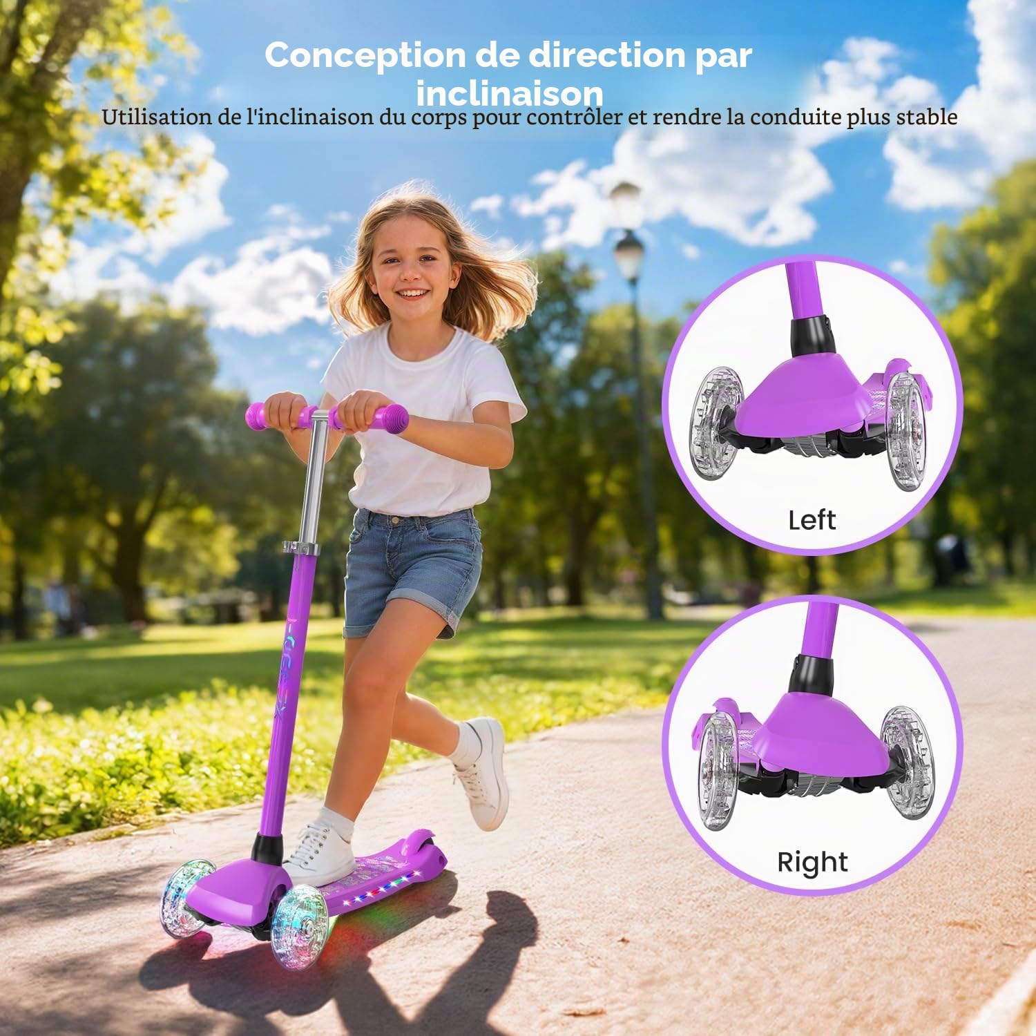 TONBUX Trotinette Enfants 3-8 ans, Trottinette pour Enfants avec Colonne, Roues et Plateau Lumineux, Plateau Métallique Renforcé, Hauteur Réglable 65–80 cm, Frein Arrière Réactif, Lean to Steer Design