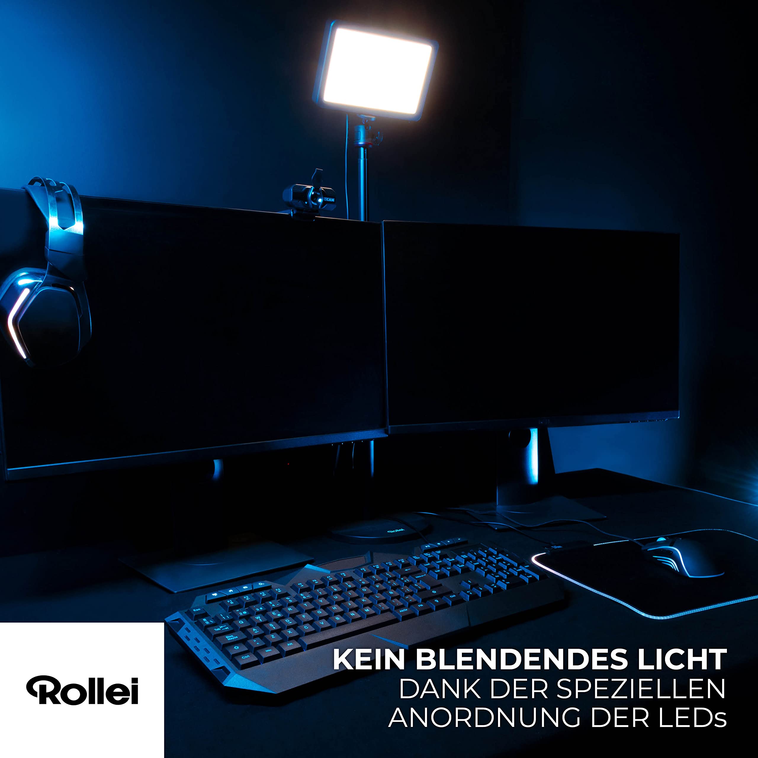 Rollei Lumis Key-Light, lampa wideo LED ze statywem stołowym z pilotem zdalnego sterowania na kablu do oświetlania streamów wideo i konferencji 28555 czarna