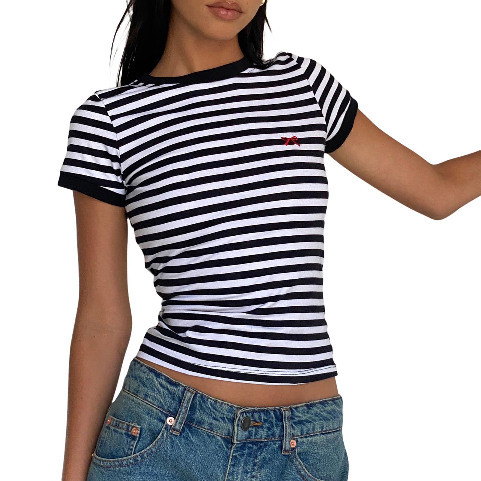 Women Y2K Striped T-Shirt Short Sleeve Bow Embroidered Crop Tops Cute Graphic Baby Tees Aesthetic Grunge Clothes