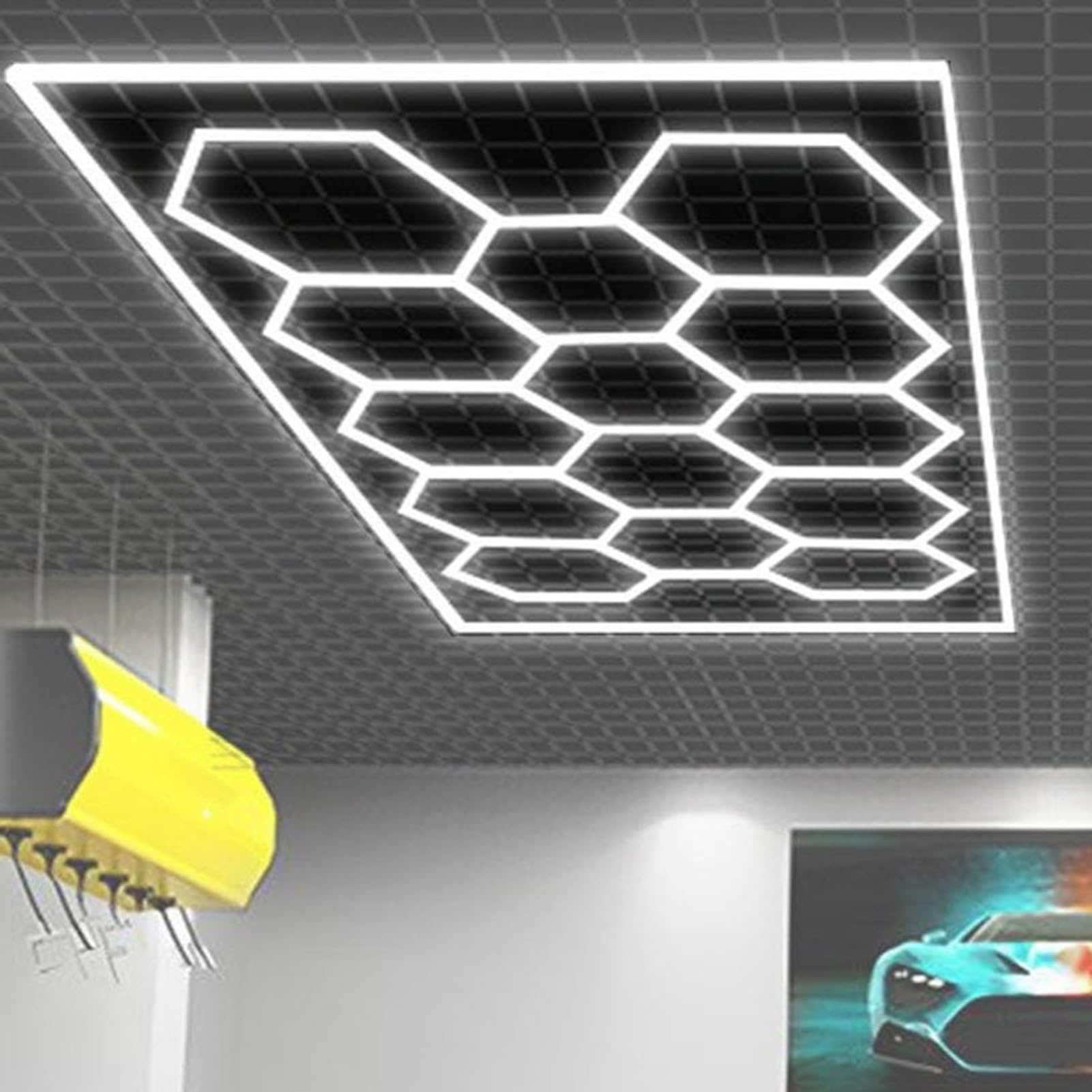 Plafonnier LED Hexagonal for Garage, Atelier, sous-Sol, Grille hexagonale 6500 K, connectable, for Garage, Atelier, etc.(B)