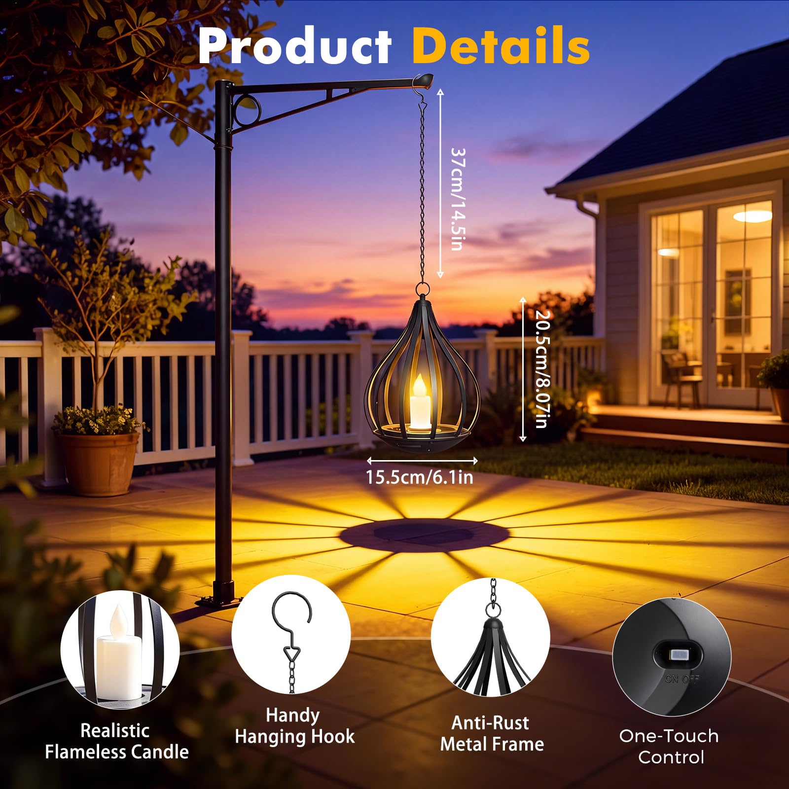 Solarlampen für Außen Hängend, 4er Set Metall Solarlaterne mit Flackernde Flamme, IP65 Gartendeko Wetterfest, Solarleuchten Garten mit Haken und Kette für Balkon Terrasse Tischdeko Halloween