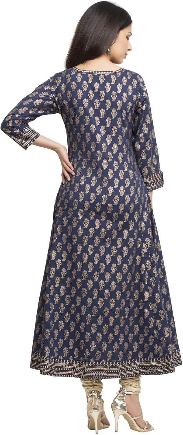 Yash Gallery Women's Plus Size Cotton Calf Length Flared 3/4 Sleeve Anarkali Kurta Dress For Summer - Image 3