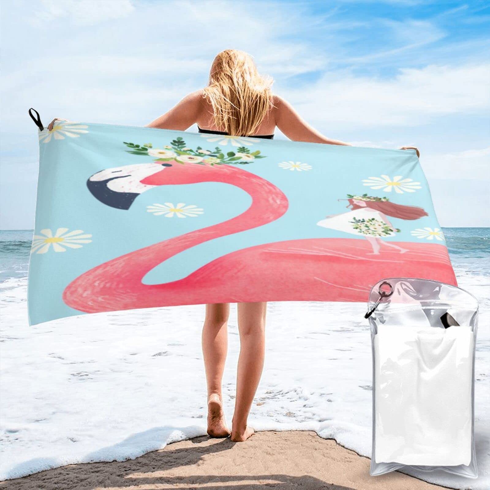 Lawenp Beautiful Florals Flamingos Microfiber Beach Towel Adults Large Quick Drying Bath Towel Travel Towels with Pouch 31.5"x63"