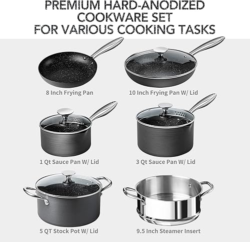 Miniatura 8 de MICHELANGELO Juego de utensilios de cocina anodizados duros, juego de 10 ollas y sartenes antiadherentes con interior de granito, juego de