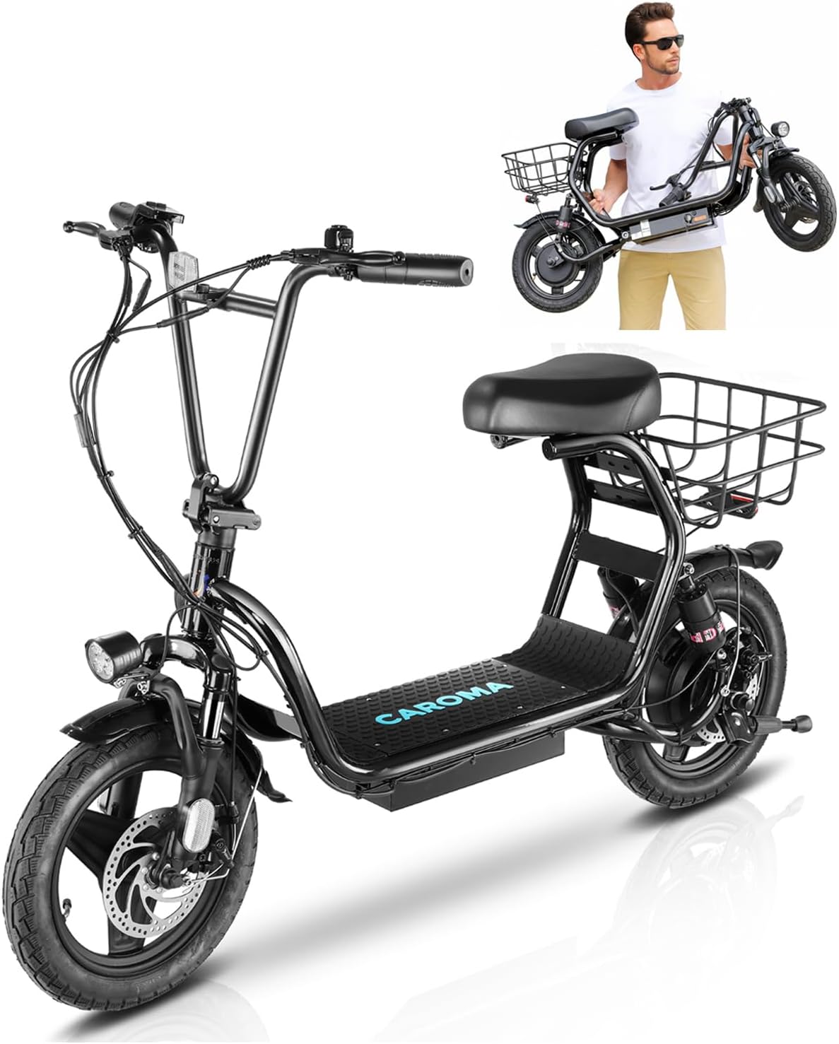 Caroma Electric Scooter for Adults with Seat, 800/1200W Motor, Max 30Miles Ranges&20Mph, 14" Fat Tire Foldable E-Scooter with Carry Basket, Dual Braking Dual Suspension, 300lbs Max Load
