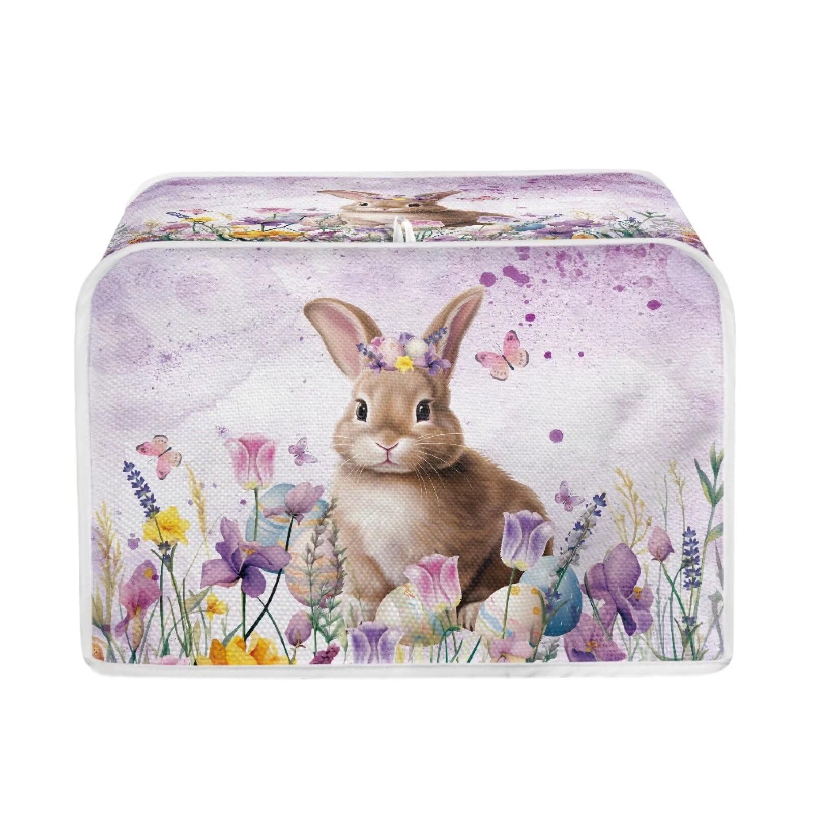 Easter Day 2 Slice Toaster Cover Bread Machine Cover with Top Handle Purple Floral Rabbit Print Kitchen Small Appliance Cover Dust Protection Universal Size