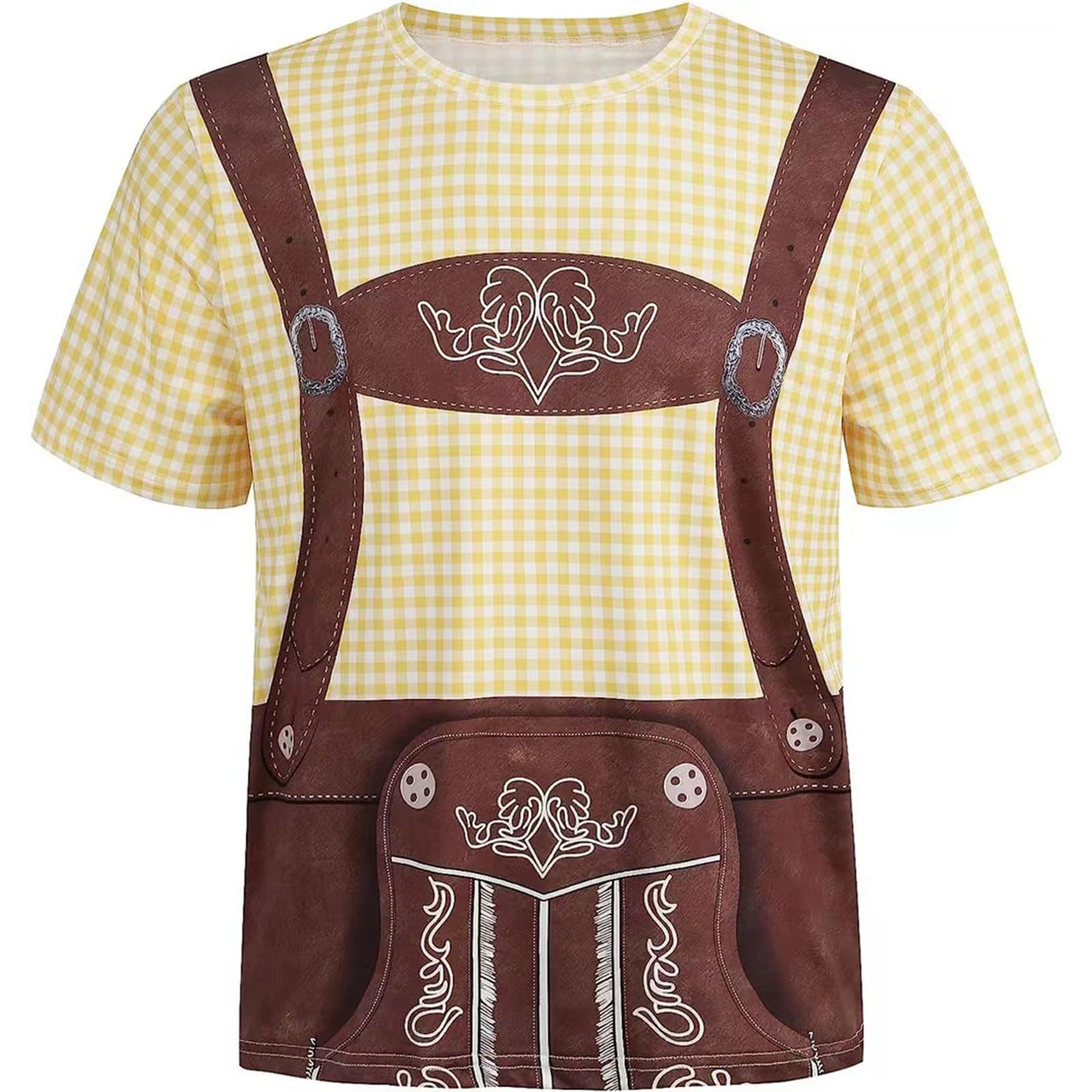 Adult Ladies Oktoberfest Beer Girl Bavarian Fancy Dress Costume Short Sleeve Crew Neck Plaid Print Oktoberfest Light Brown Tee Shirt Top Blouse German Dirndl Blouse Lederhosen Outfit