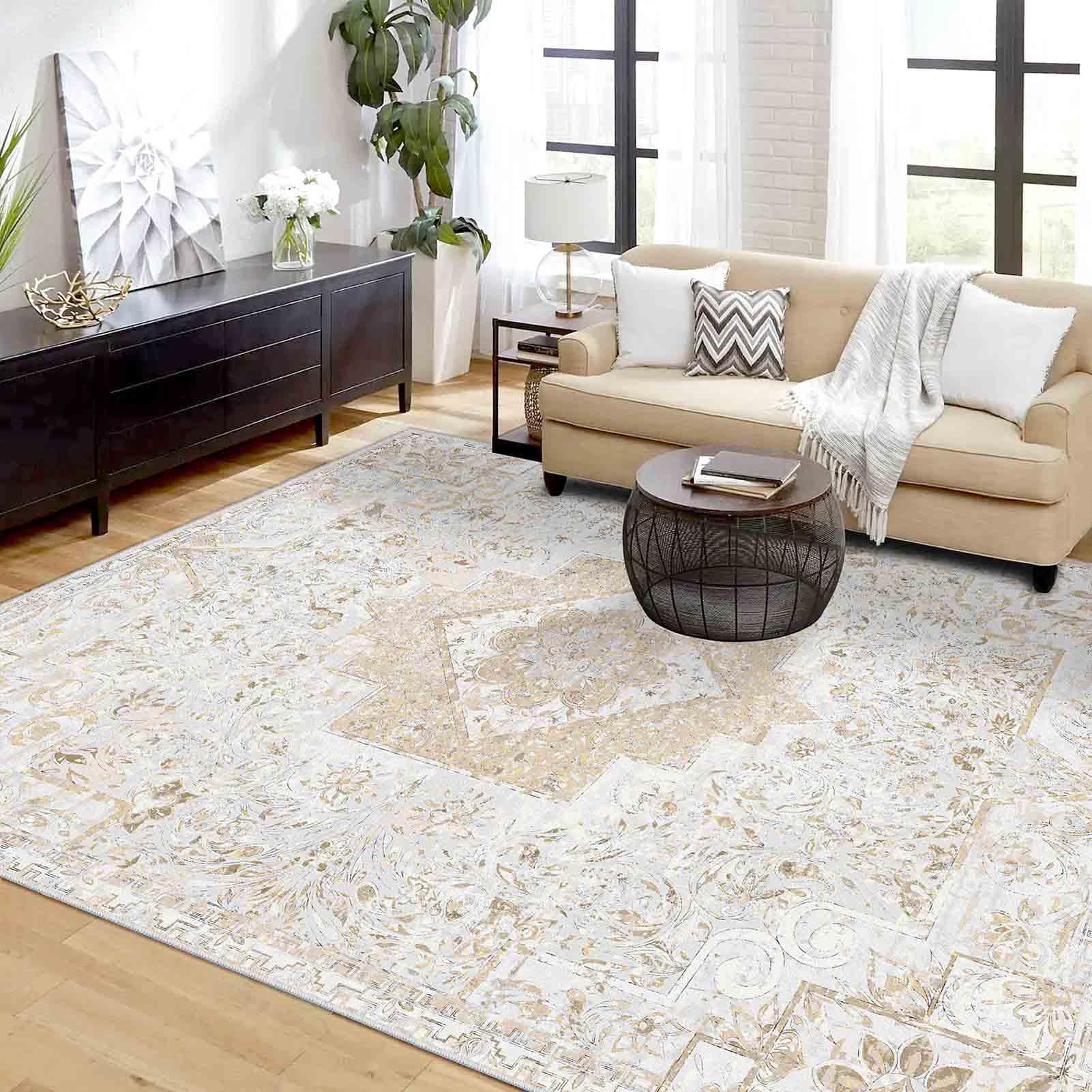 Machine Washable Rug 5'x7' Vintage Distressed Boho Area Rugs Bohemian Medallion Non-Slip Backing Floor Carpet for Living Room Bedroom Dining Room