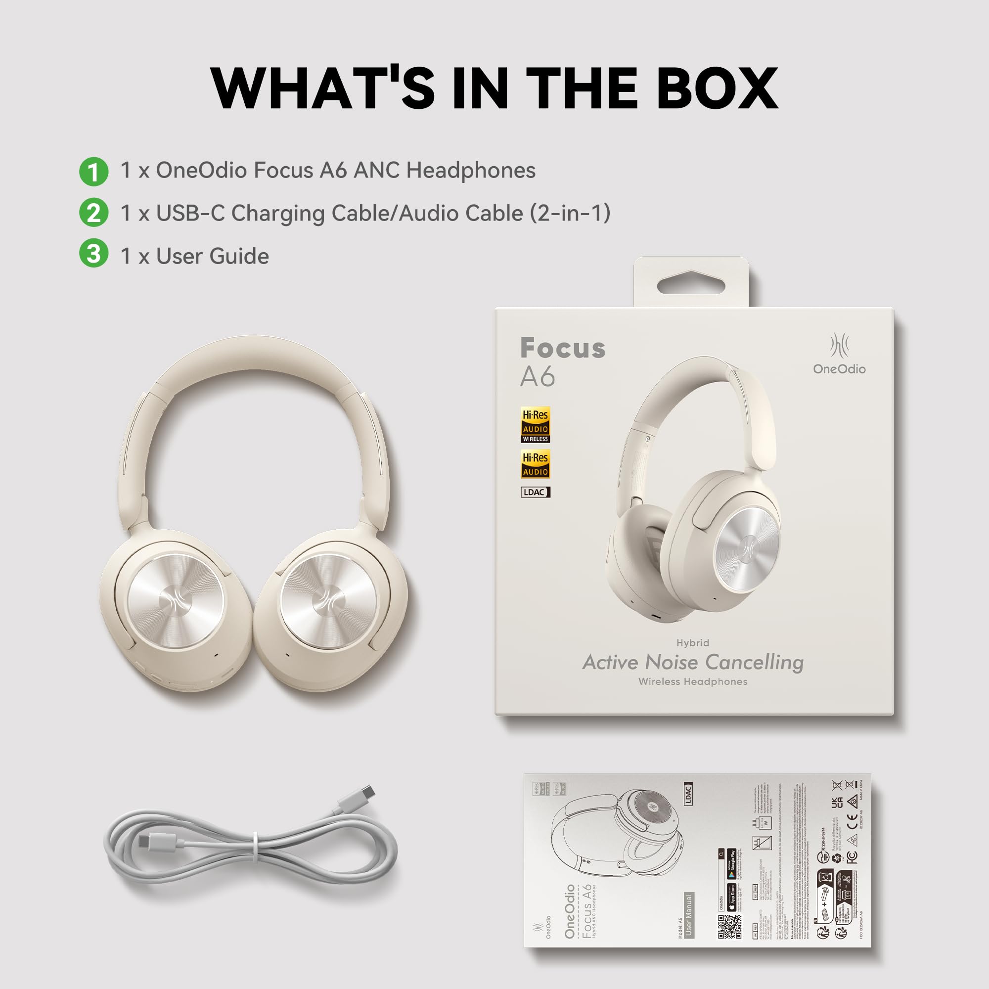 OneOdio Focus A6 Cuffie Ibride Attive ad Annullamento del Rumore, Tempo di Gioco 75H, Audio Senza Perdita LDAC Hi-Res, Bluetooth 6.0, Controllo APP, Cuffie Wireless per Viaggi
