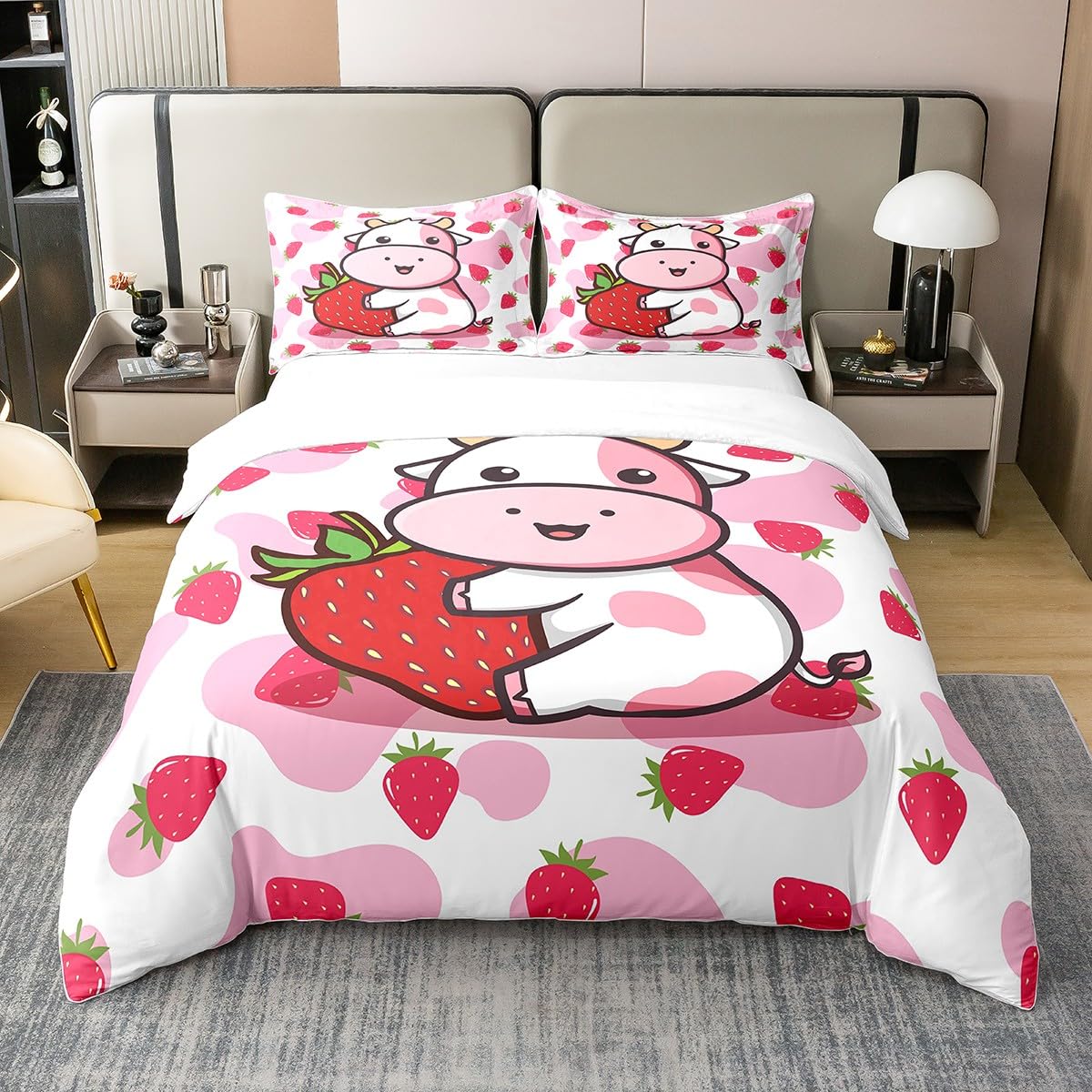Milk Cow Pink White Cow Strawberry Pattern 100% Cotton Duvet Cover Bedding 100% Cotton Set for Kids Adults Kawaii Milk Cow Print Duvet Set Ultra Soft Room Decor Double Size Zipper Quilt Cover