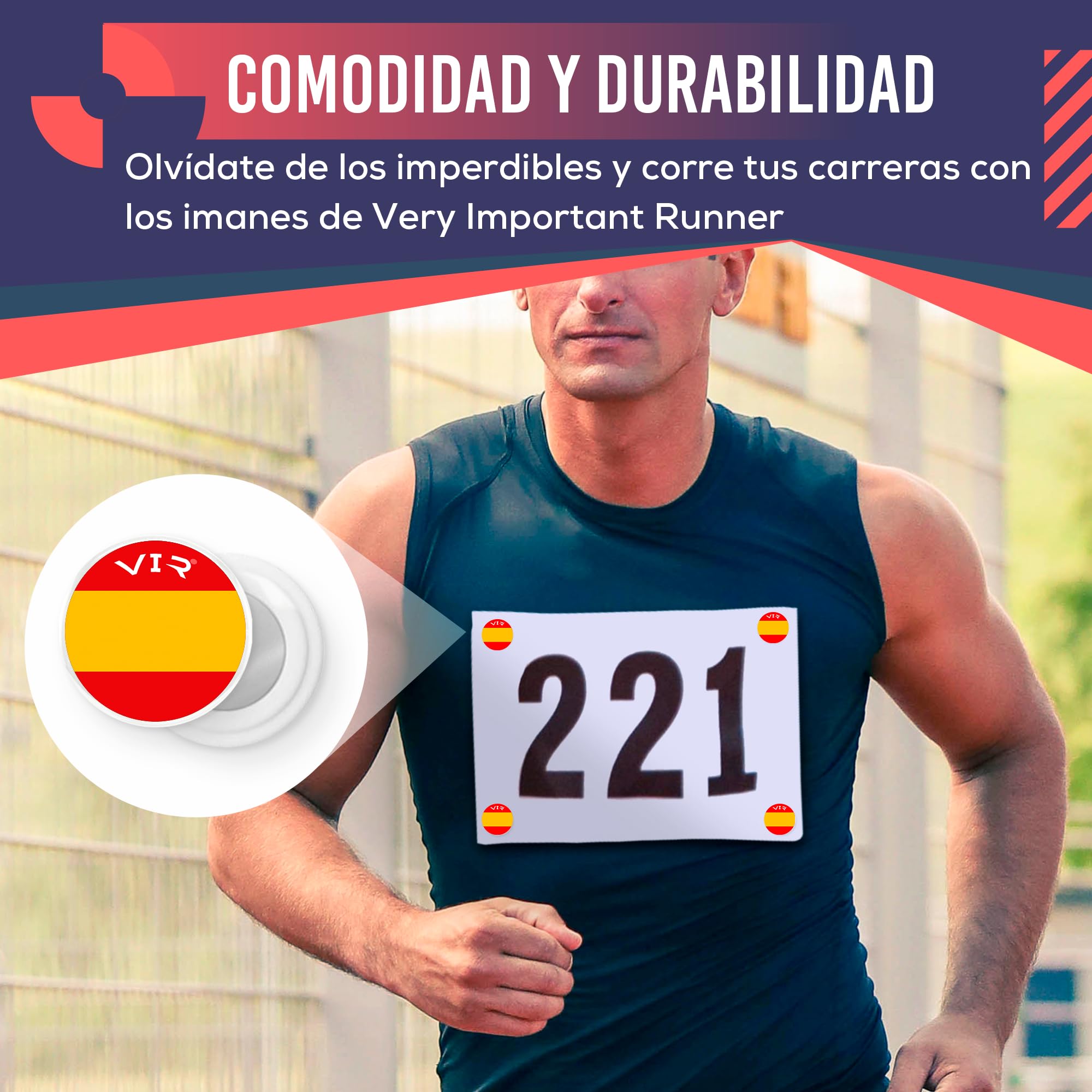 Portadorsal Imán Running - Pack 4 Imanes Dorsales Running y Triatlón, Sujeta Dorsales Alta Resistencia, Accesorios Runners Diseño Bandera España