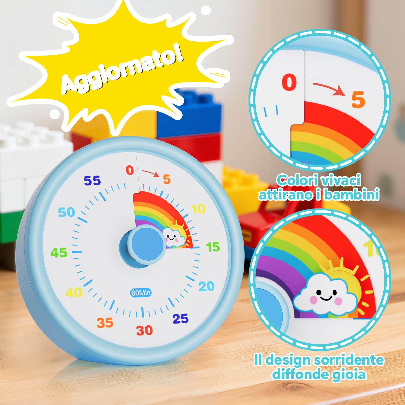 Timer Visivo per Bambini 60 Minuti - Orologio Conto alla Rovescia Silenzioso con Arcobaleno - Gestione Tempo per ADHD, Studio e Scuola (Blu)