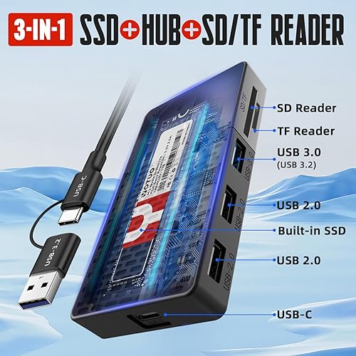 Miniatura 3 de SSD portátil todo en uno de 1 TB, hasta 1050 MBs, unidad externa de estado sólido USB-C con Hub USB 3.2 multipuerto y lector de tarjetas SDTF.