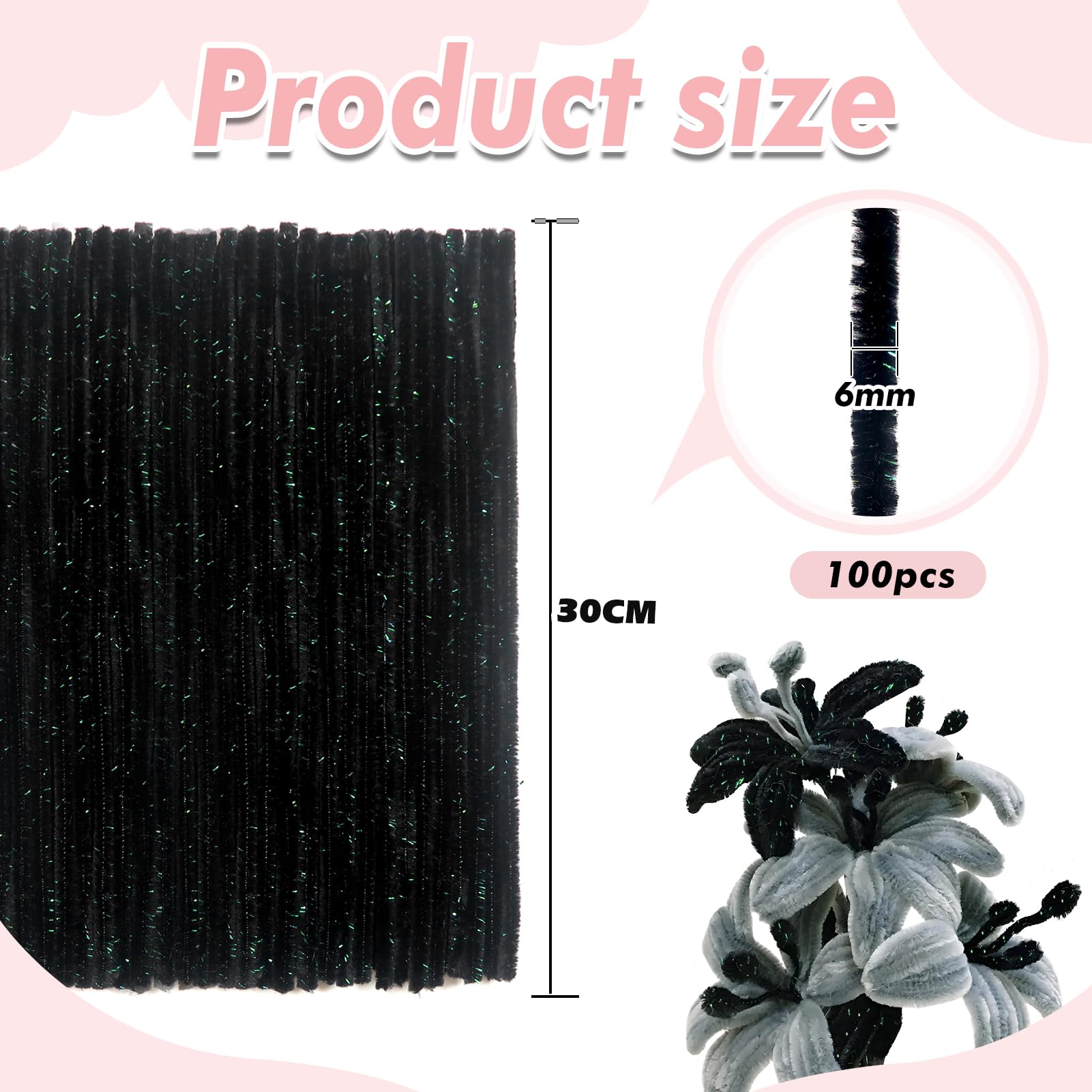 TOAOB 100pcs Glitter Black Pipe Cleaners Metallic Chenille Stems 12 Inch Fuzzy Sticks Craft Supplies for DIY Art Craft Projects Home Decorations