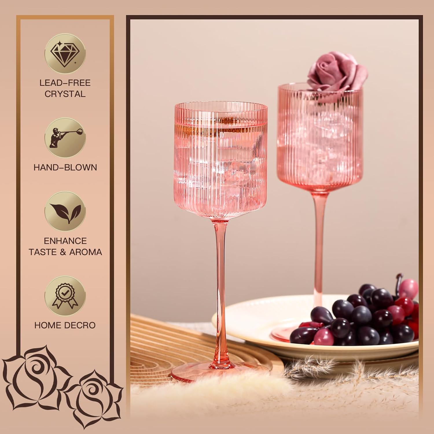 Pink Square Wine Glasses Set of 6, Elegant Ribbed Design Colored Crystal Glassware with Long Stem, 11.5oz Hand Blown Stemware For Red & White Wine Home Bar Party - Image 3