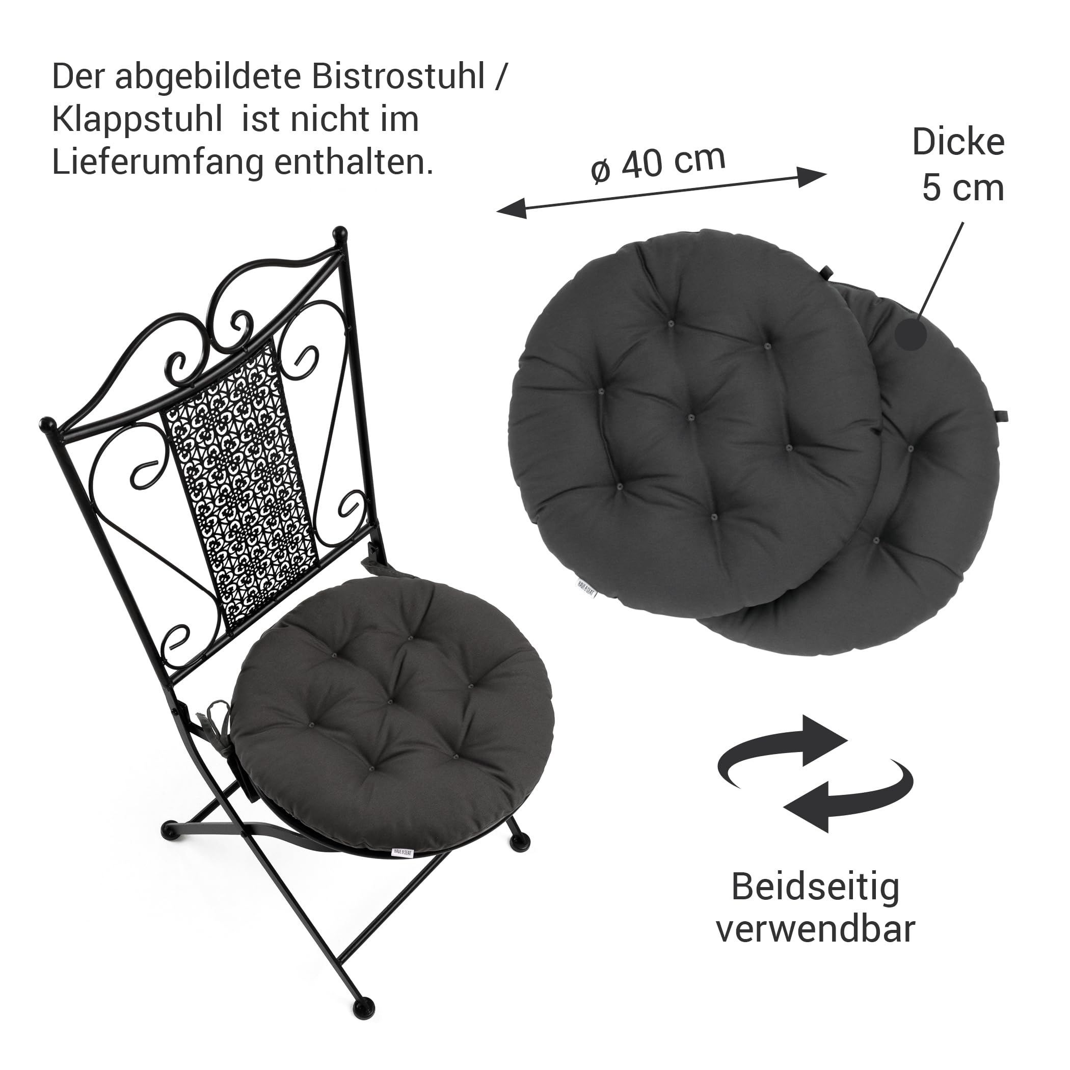 Sitzkissen Rund 40cm - 2er Set - Bequeme Sitzkissen Outdoor - Waschbar bis 95°C, Wetterfest, Orthopädisch - Made in Germany (2er Set - Ø 40cm, Grau/Anthrazit)