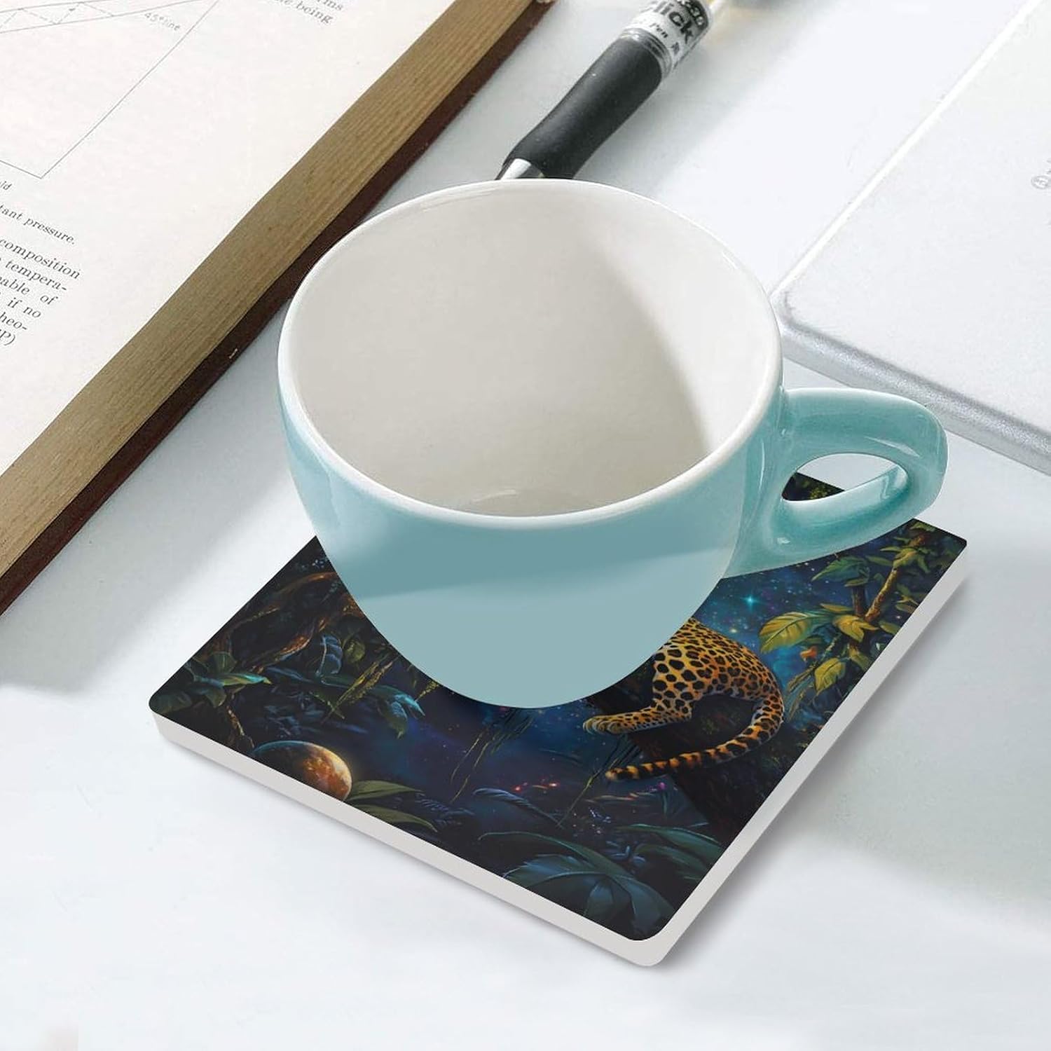 Leopard Moon Ceramic Coasters Square Drinks Coaster Coffee Table Decor Table Coaster for Home Bar